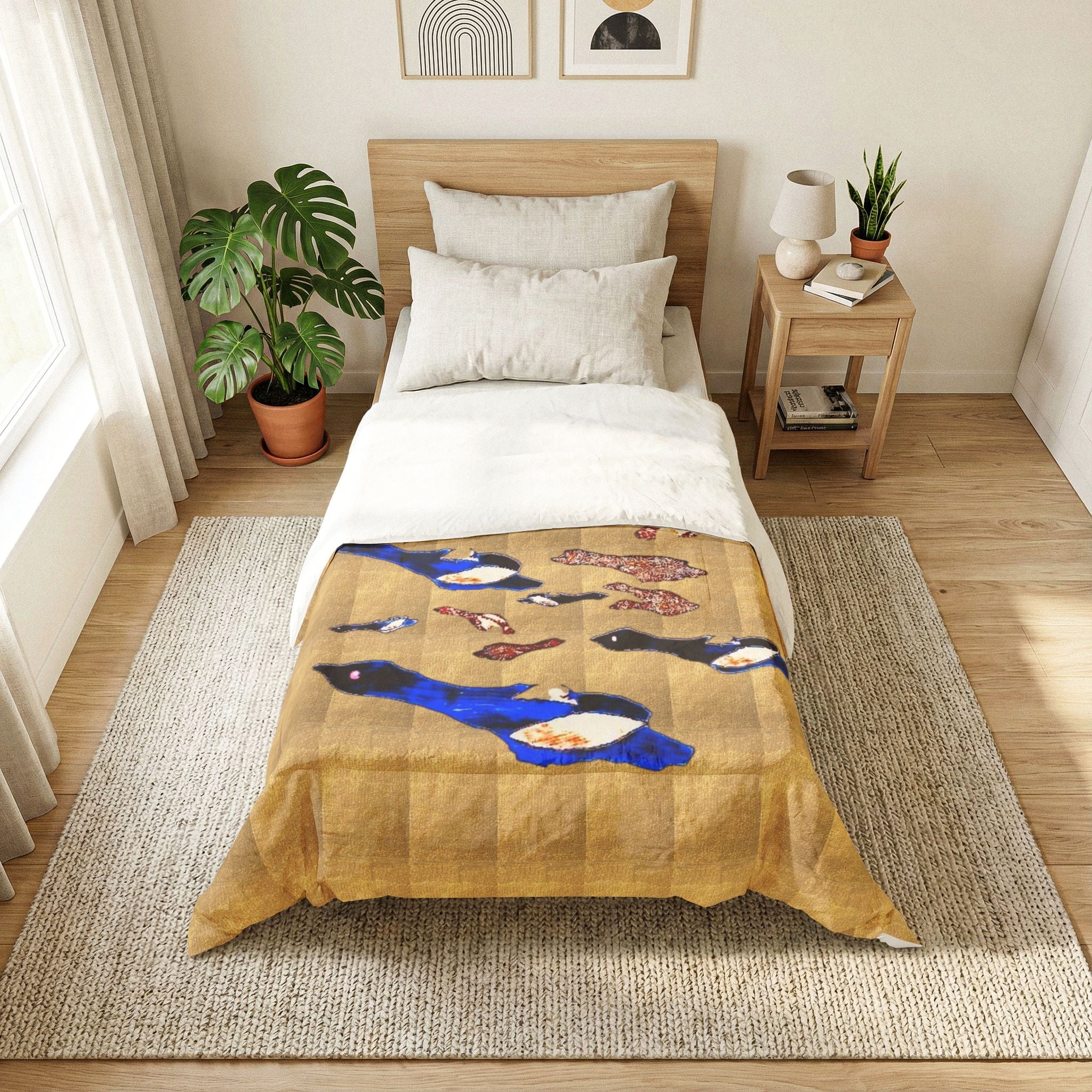 "Fly Me to the Moon" Bird Flock Cotton Comforter – Vintage Gold Blue Waterfowl Throw