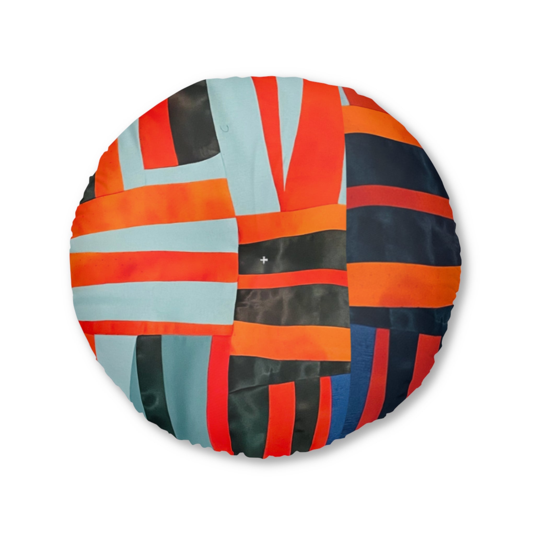 “Samuel” Round Tufted Floor Pillow — Geometric Red & Teal Tribal Pattern