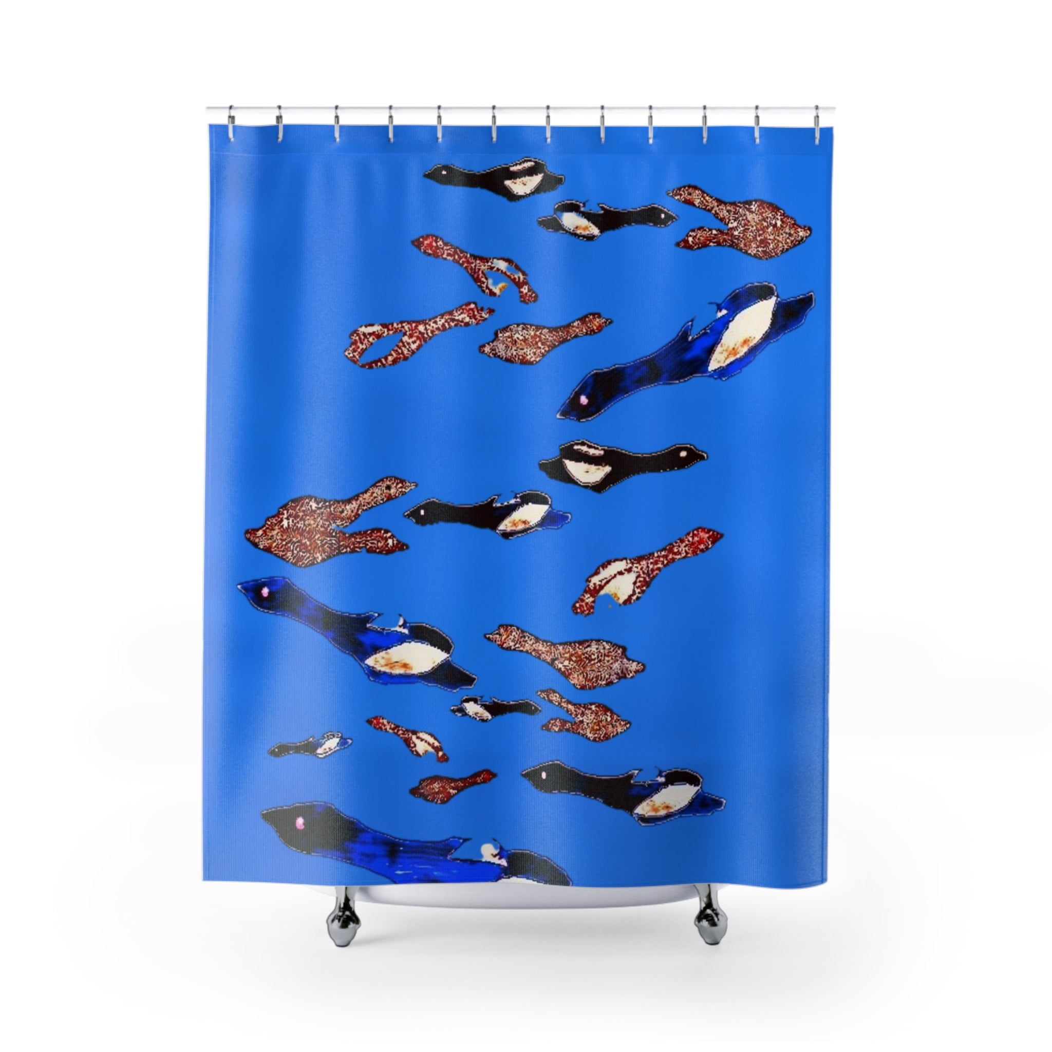 "Fly Me to the Moon" Ocean Penguin Shower Curtain - Blue School of Penguins Bathroom Decor