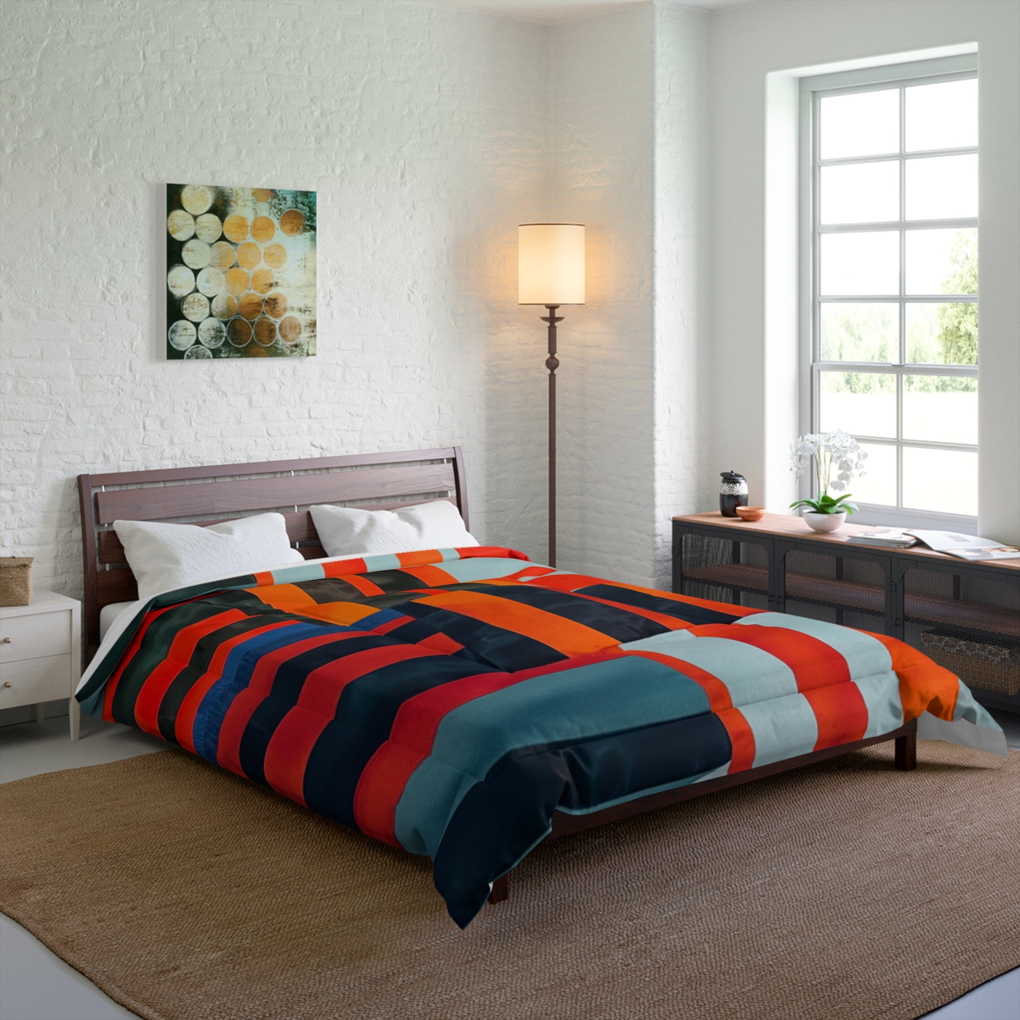 "Samuel" Abstract Geometric Stripe Comforter – Bold Red, Navy & Teal Modern Bedding