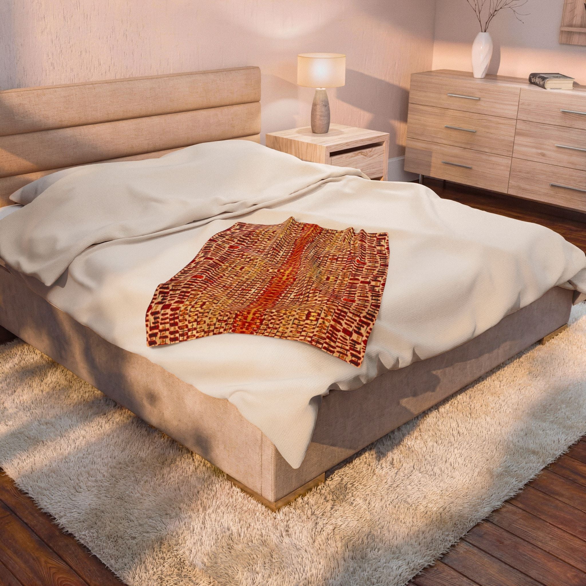 "Queen Mother" Gold and Bronze Velveteen Plush Blanket — Autumn Regal Stripe Throw