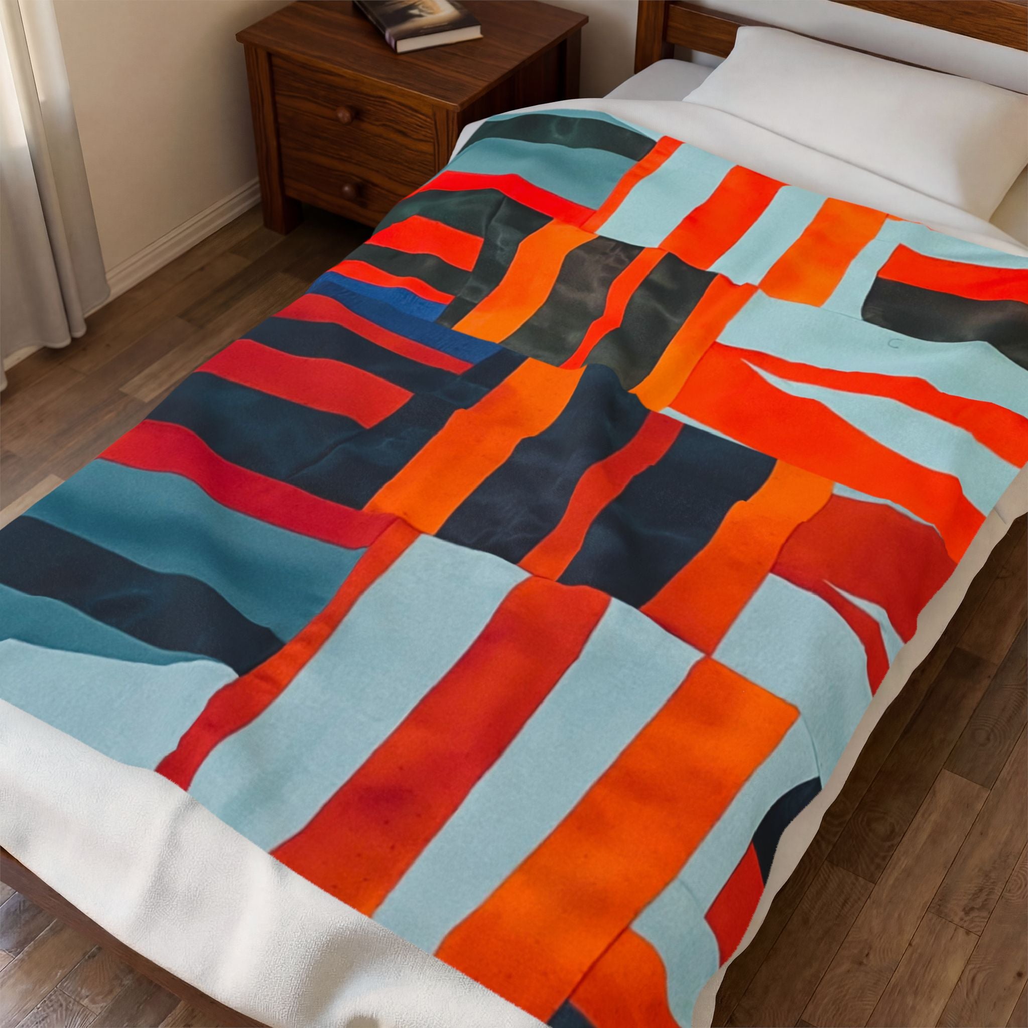 "Samuel" Abstract Geometric Velveteen Plush Blanket – Modern Orange & Blue Throw