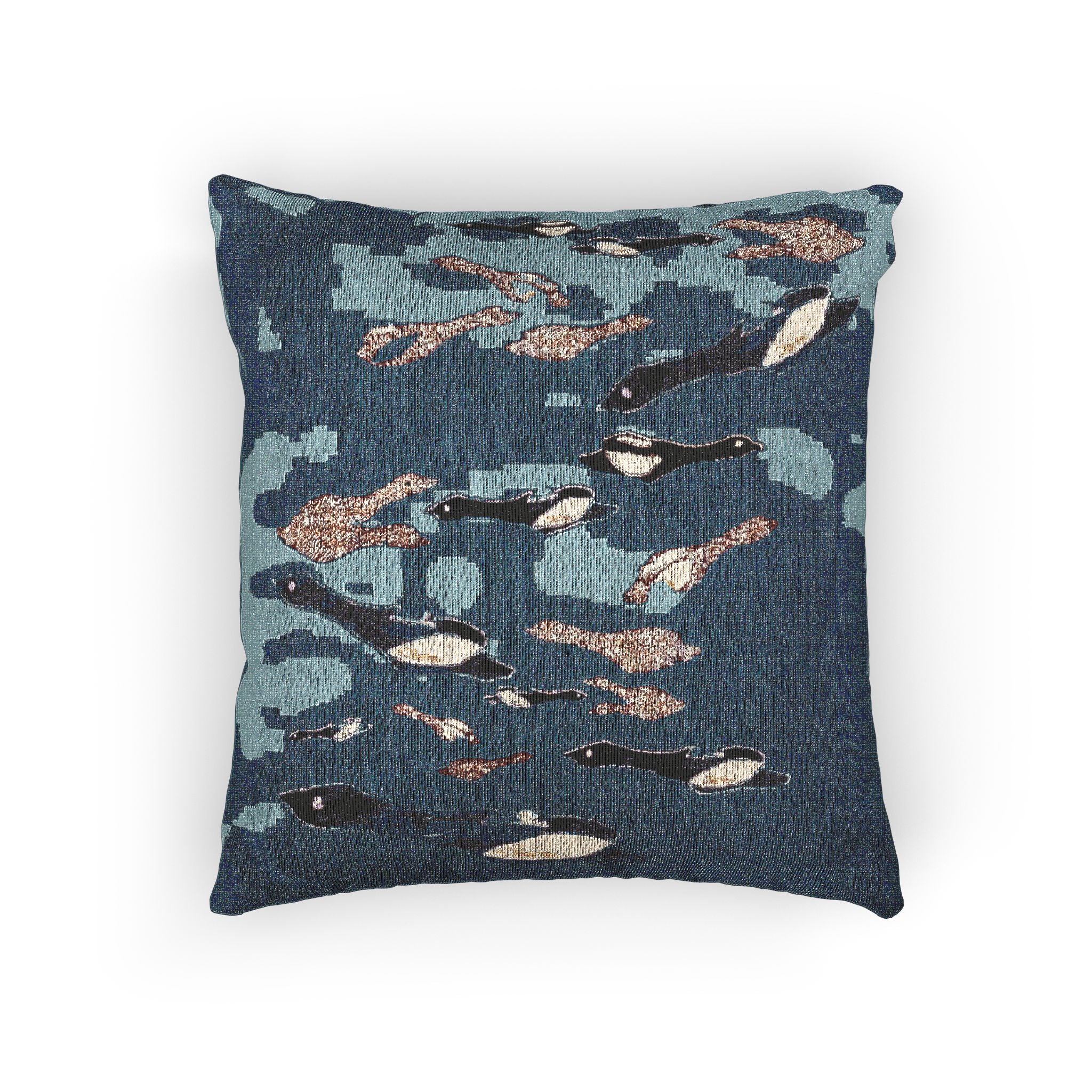 "Fly Me to the Moon" Woven Pillow — Abstract Bird Textile Decorative Pillow (Blue Textured Tapestry)