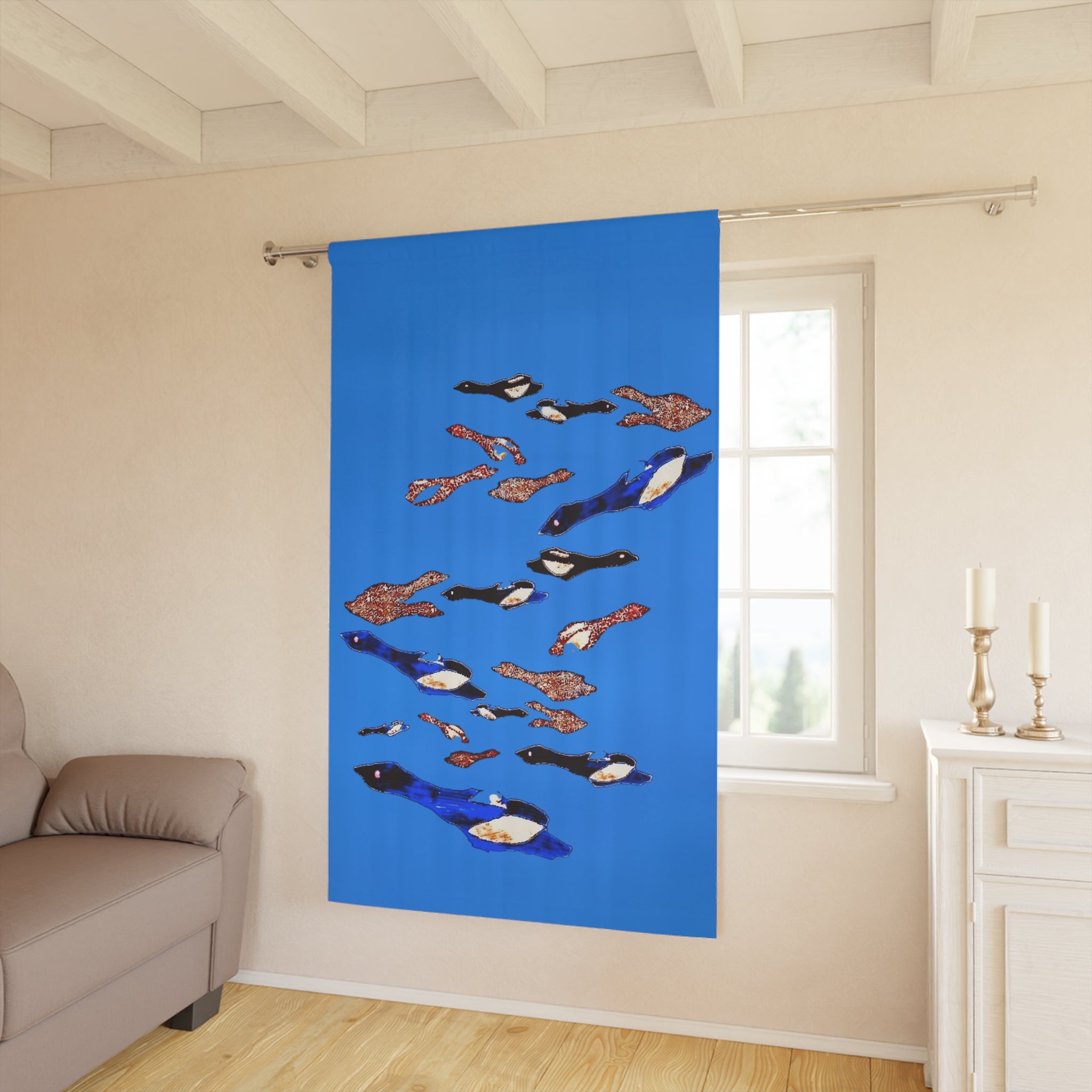 "Fly Me to the Moon" Energy Blue Curtain — Whimsical Blue Birds Window Panel