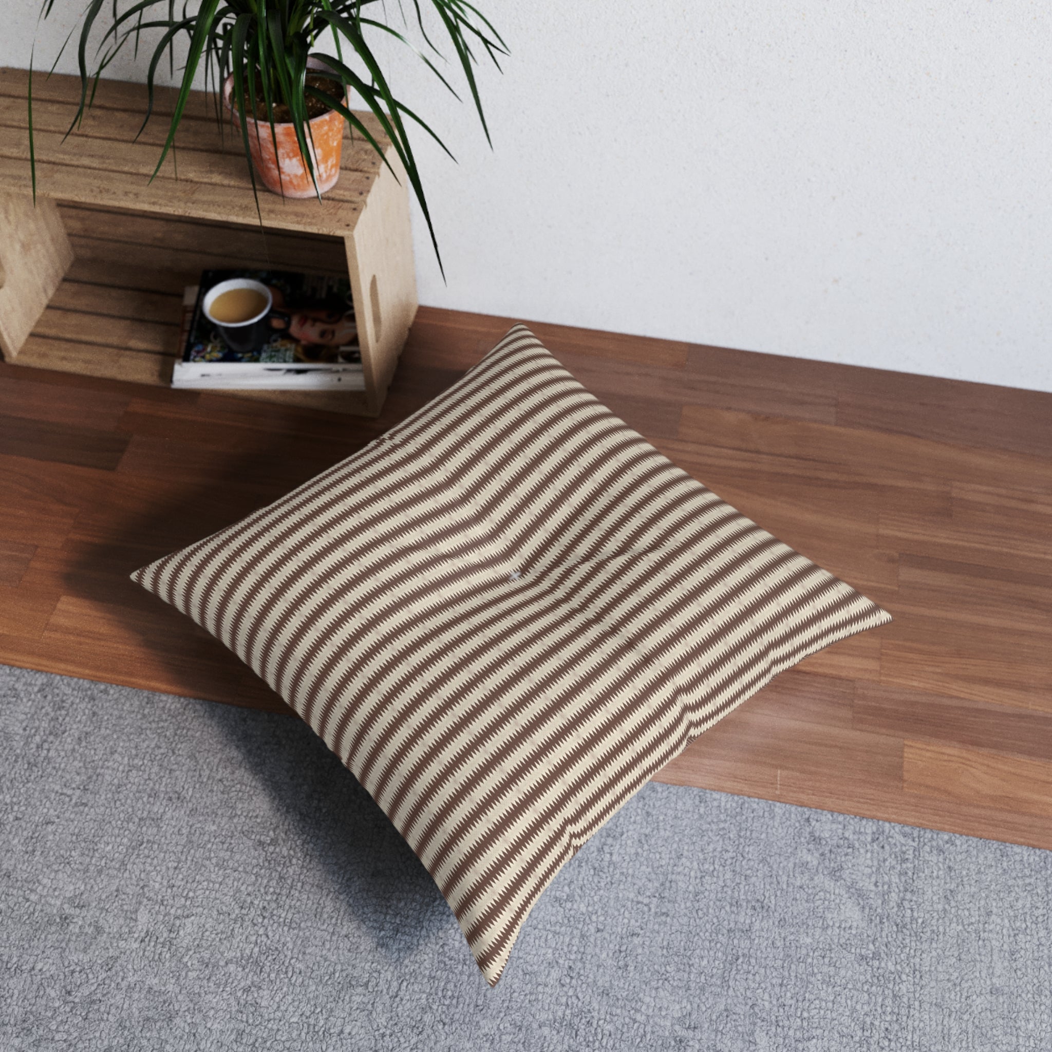 "Mississippi Morning" Striped Tufted Floor Pillow — Neutral Boho Square Cushion