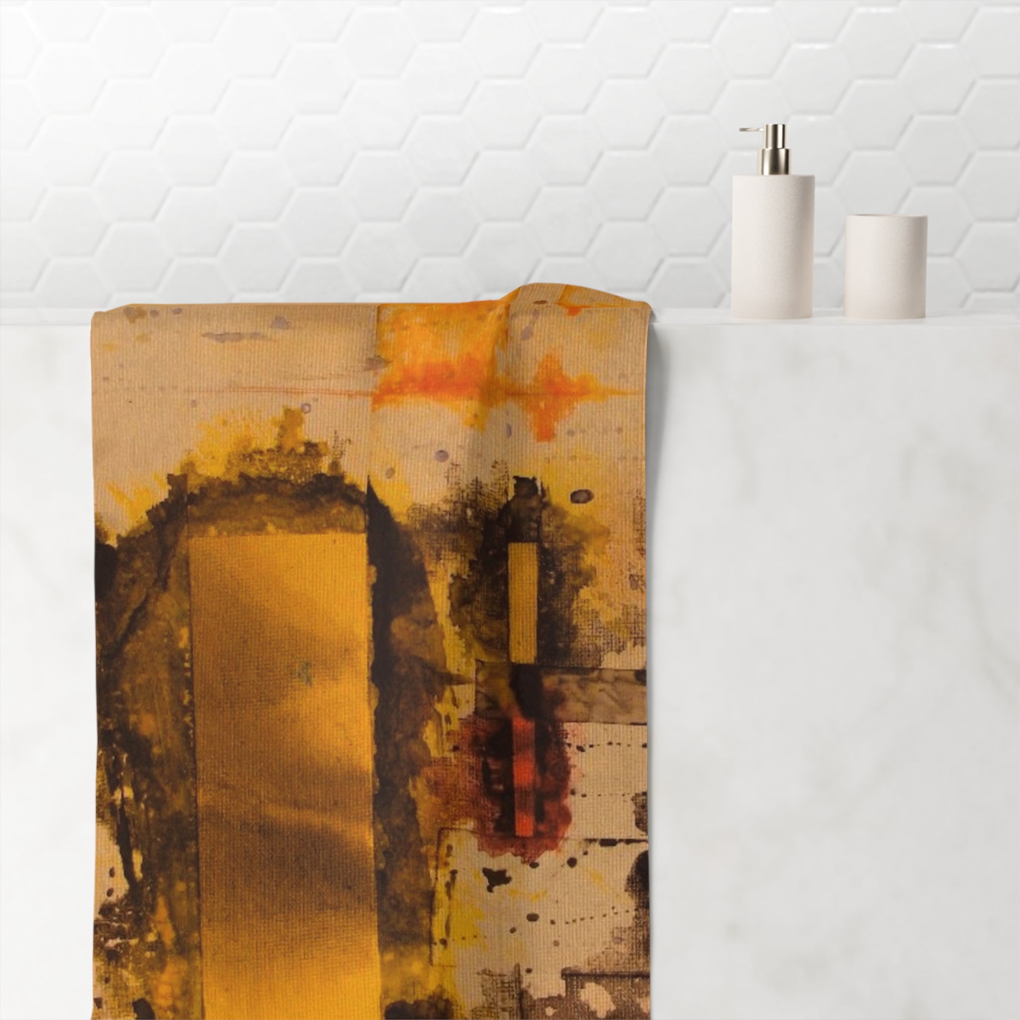"Dance in the Rain" Abstract Gold Art Cotton Towel — Modern Artistic Beach & Bath Towel