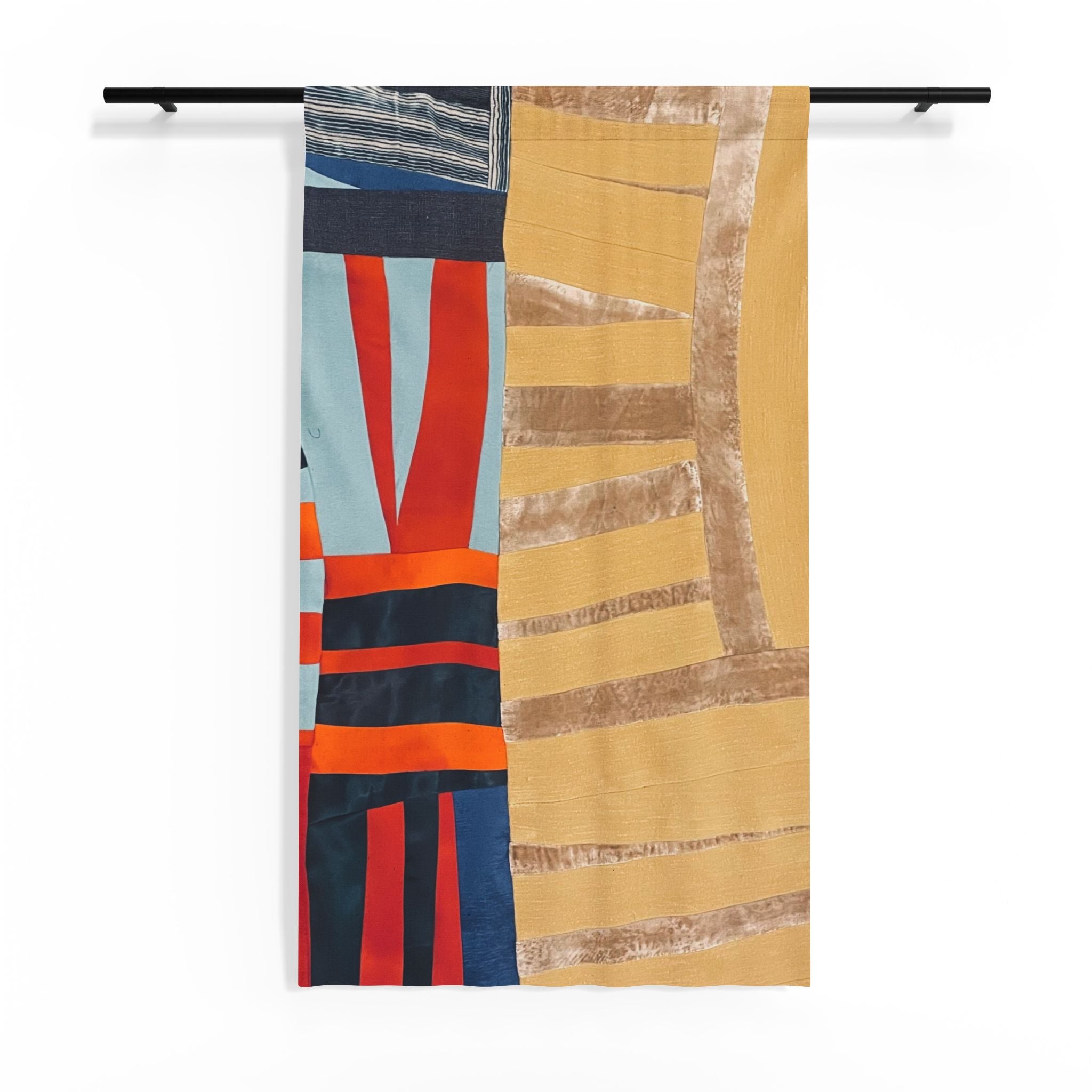 "Hannah and Samuel" Sheer Curtain - Yellow, Blue, and Red Orange Abstract Geometric Window Panel in Mustard, Navy & Coral