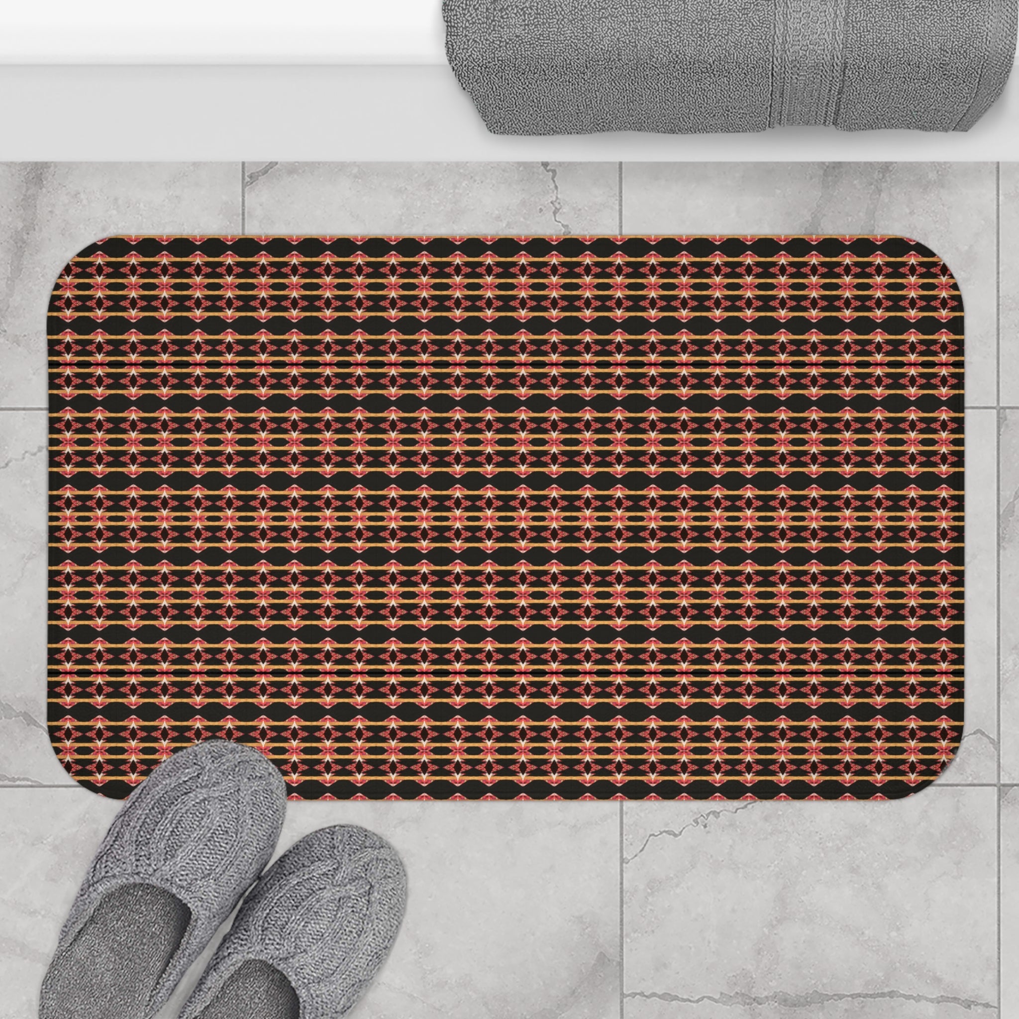 "Native America Now" Geometric Starburst Bath Mat — Retro Red & Gold Patterned Bathroom Rug