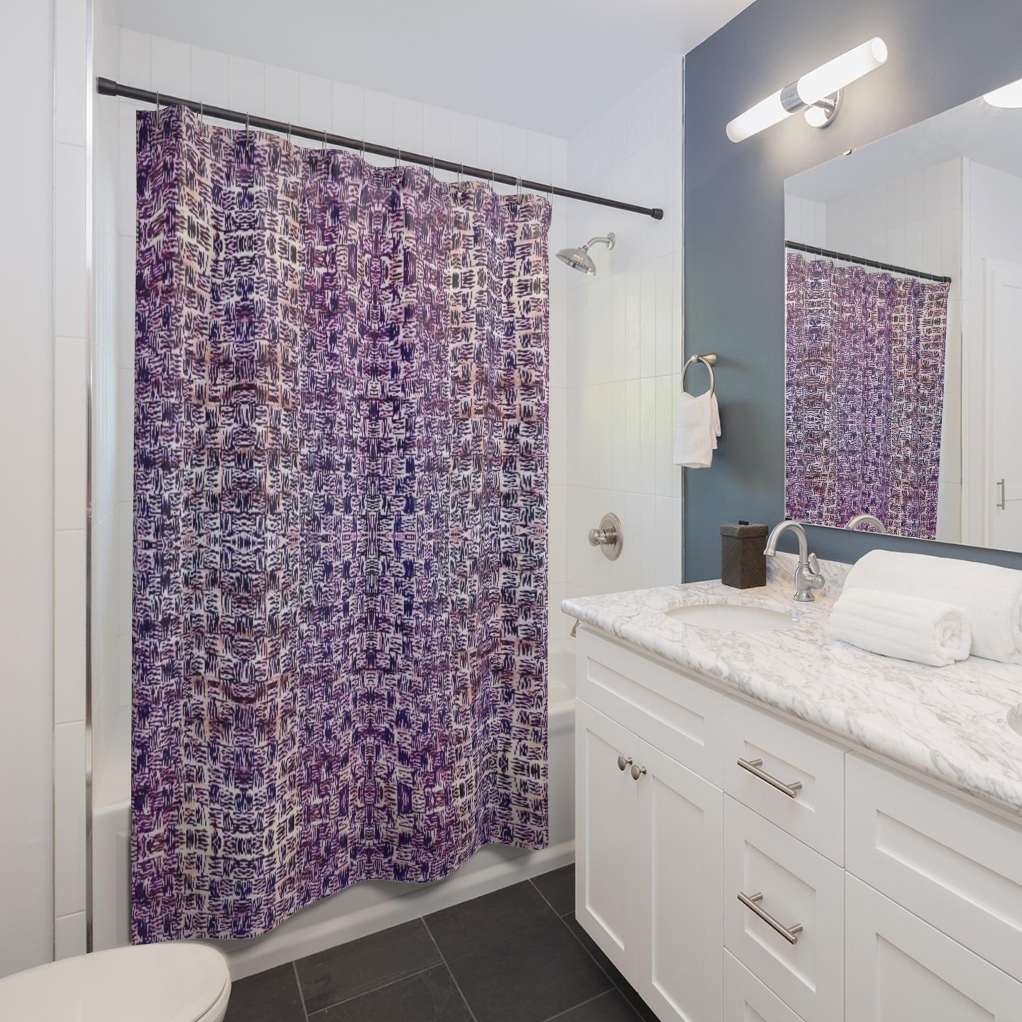“Pauline, My Love” Violet Mosaic Pattern Shower Curtain — Boho Geometric Bathroom Decor