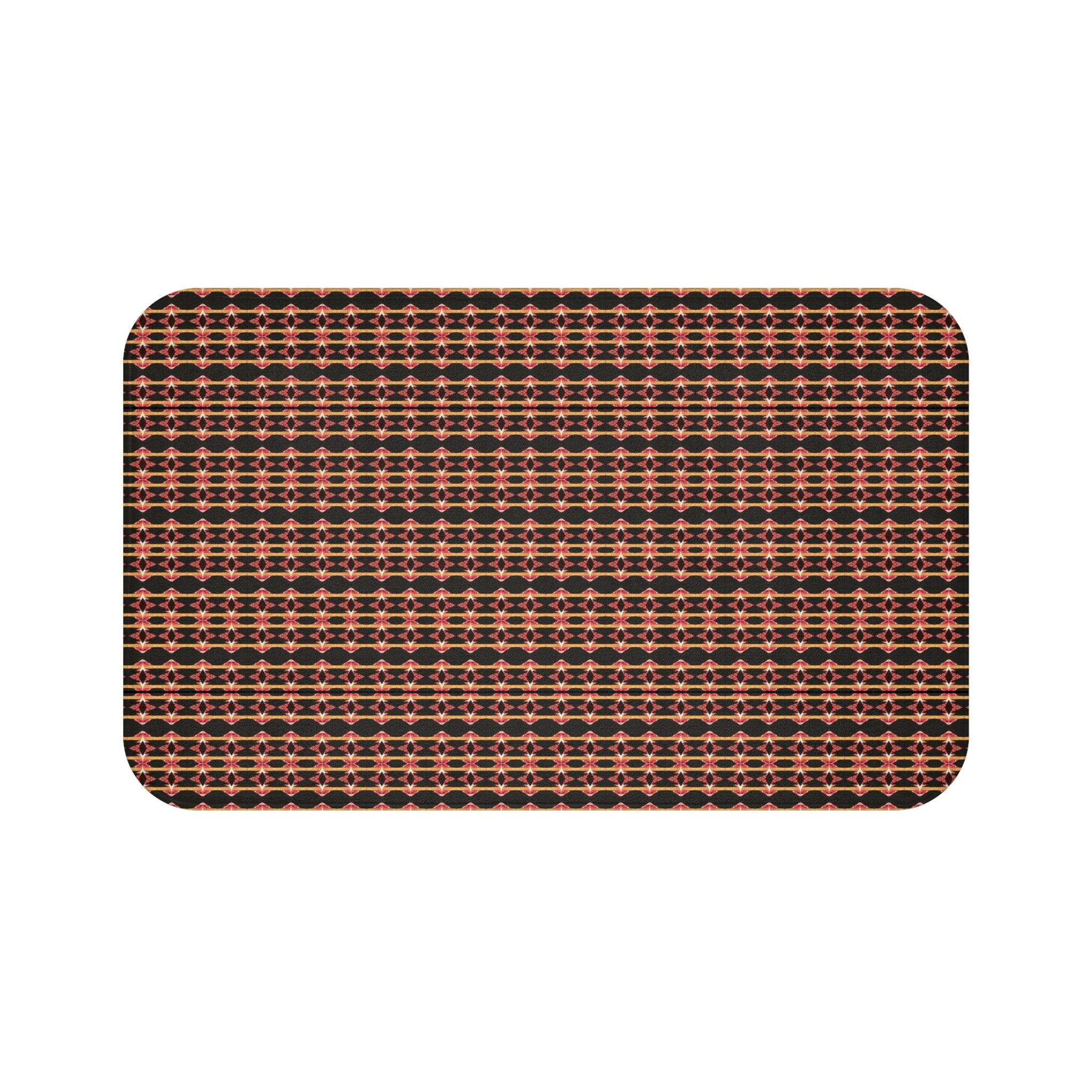 "Native America Now" Geometric Starburst Bath Mat — Retro Red & Gold Patterned Bathroom Rug