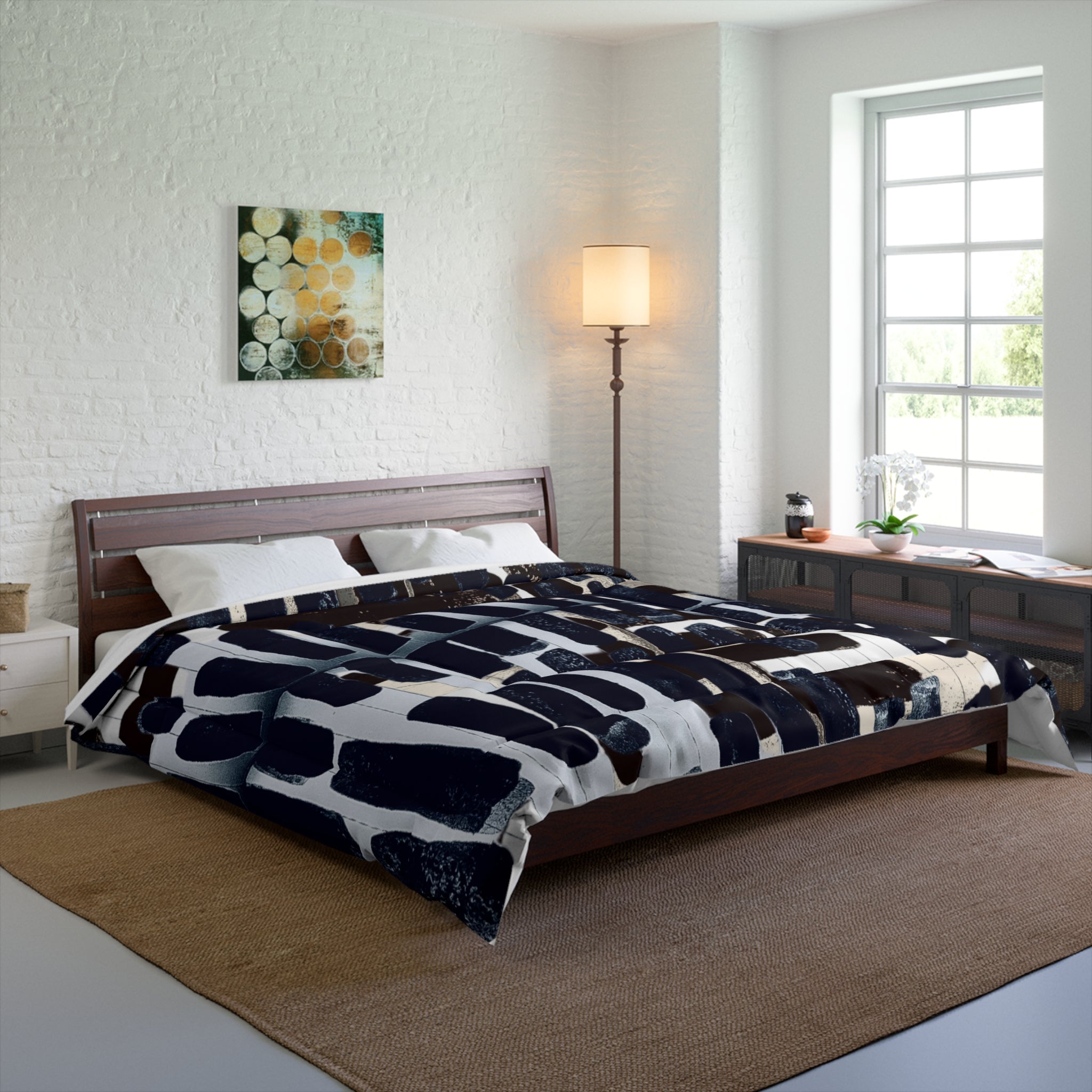 "Only My Notebook Knows How I Feel, My Heart Is On Every Page" Abstract Grid Comforter - Monochrome Brushstroke Pattern