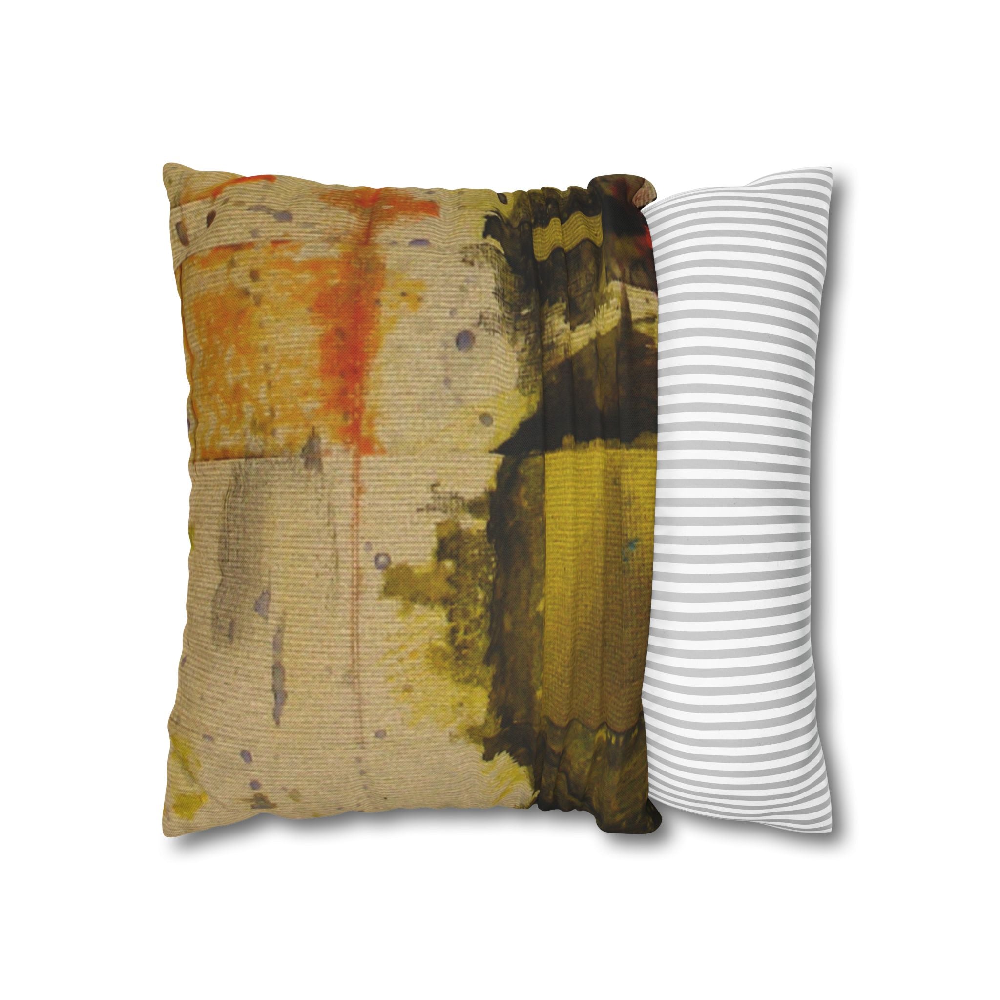 "Dance in the Rain" Abstract Yellow and Rust Painted Textile, Decorative Pillowcase — Modern Rustic Accent Cushion Cover