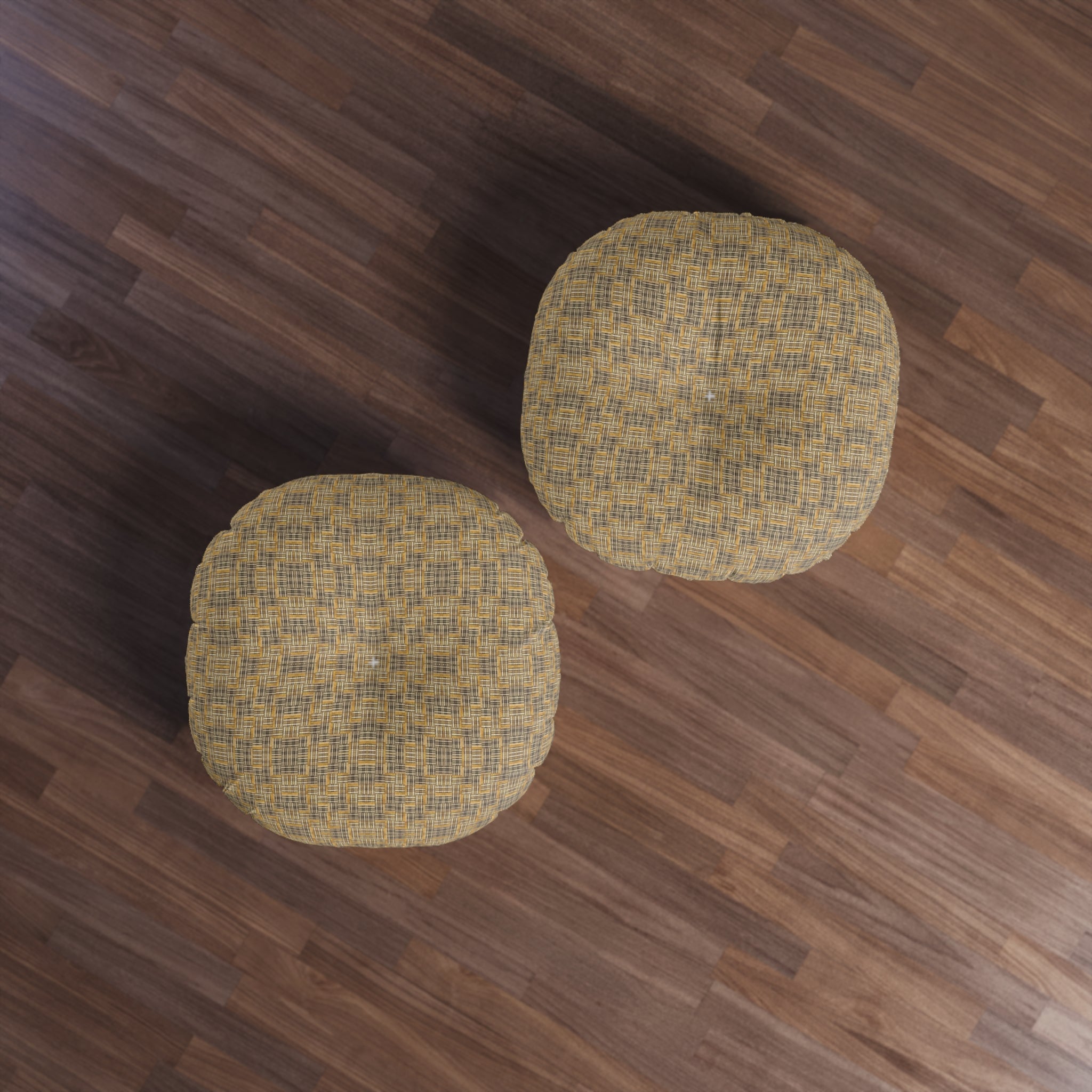 “All Things Fall Apart” Round Tufted Floor Pillow Rustic Plaid Yellow & Brown Boho Cushion
