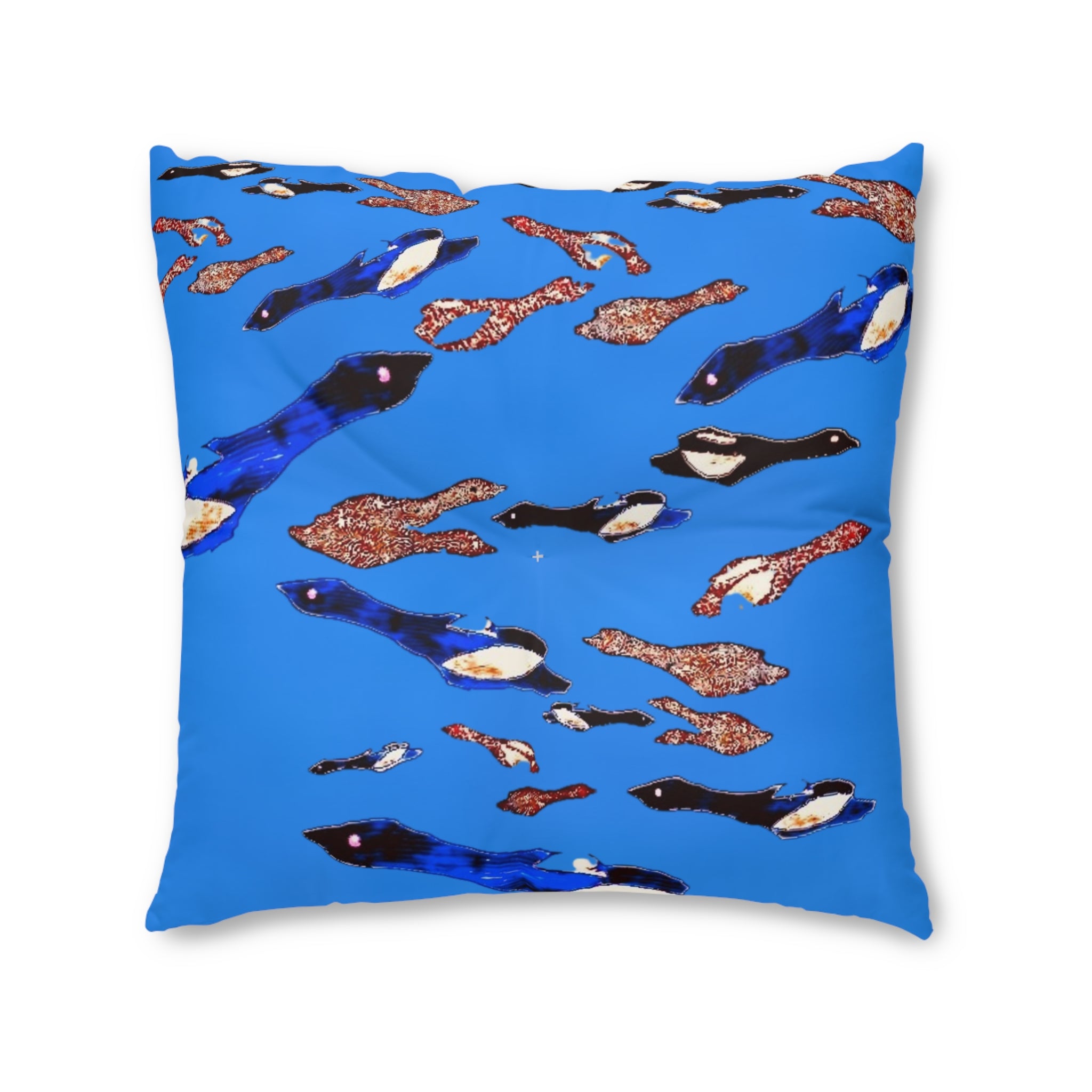 "Fly Me to the Moon" Blue Cerulean Birdies Square Floor Pillow — Tufted Decorative Cushion