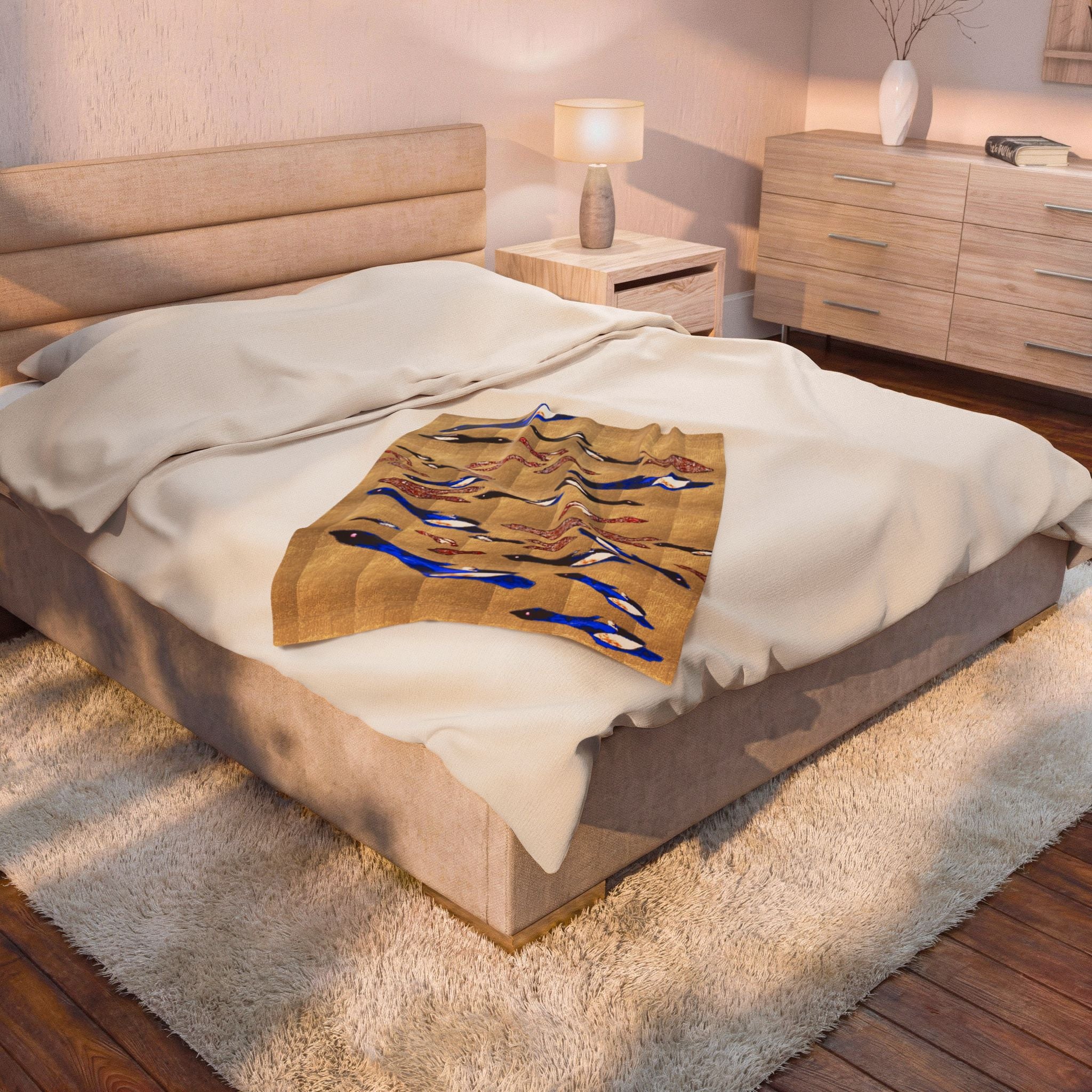 "Fly Me to the Moon" Velveteen Plush Blanket – Blue & Gold Fish School Design, Cozy Nautical Throw