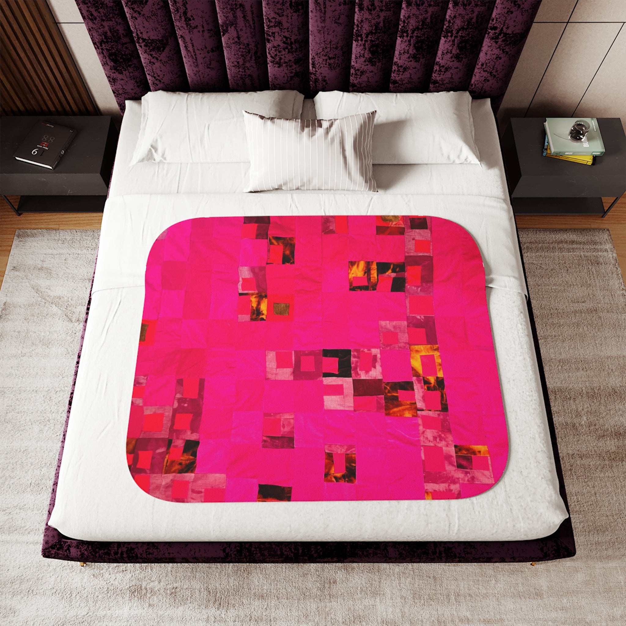 "Lela Lela" Hot Pink Abstract Patchwork Sherpa Blanket - Cozy Throw for Living Room & Gifts