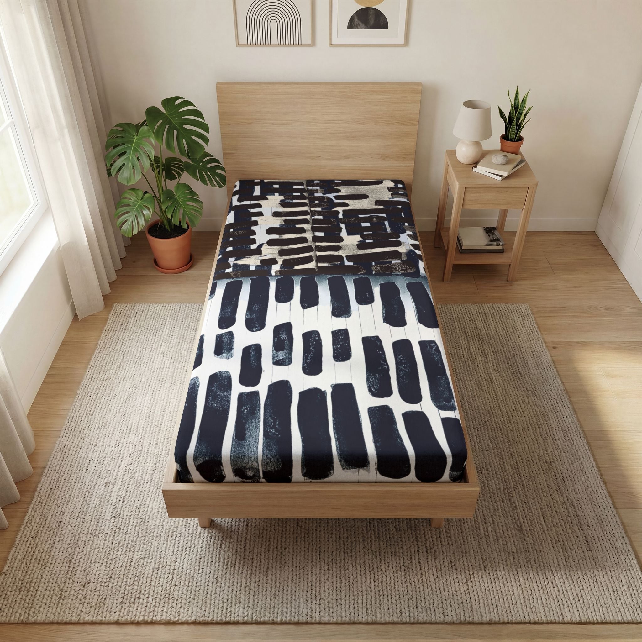 "Only My Notebook Knows How I Feel, My Heart Is On Every Page" Abstract Black Brushstroke Fitted Sheet — Modern Geometric All-Over Print