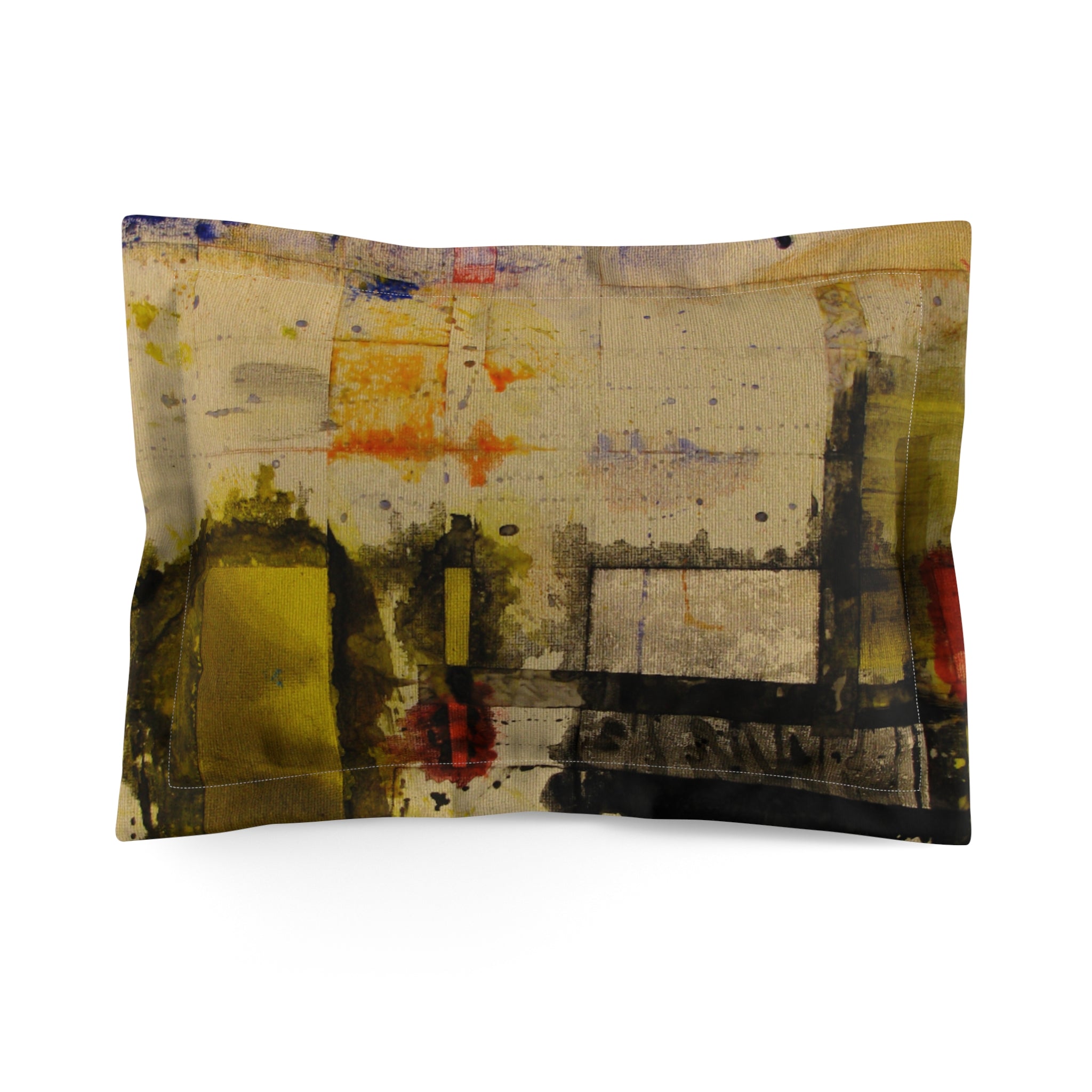 "Dance in the Rain" Acrylic Abstract Painting, Industrial Microfiber Pillow Sham — Yellow, Black & Red Modern Art Design