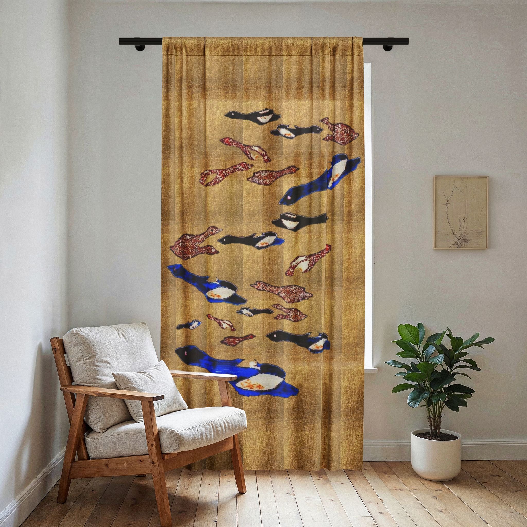 "Fly Me to the Moon" Sheer Gold and Bonze Curtain with Blue & Patterned — Lightweight Bird Print Window Panel