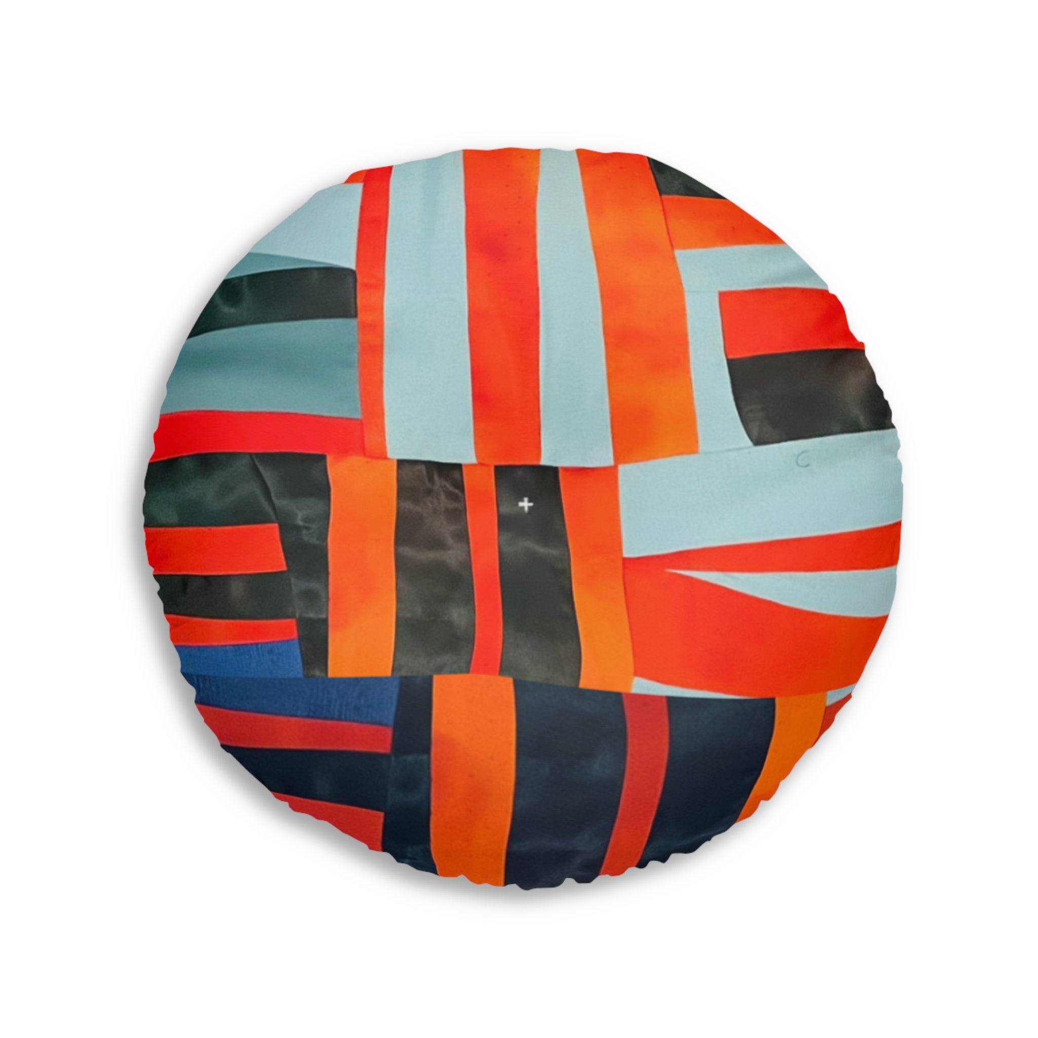 “Samuel” Round Tufted Floor Pillow — Geometric Red & Teal Tribal Pattern