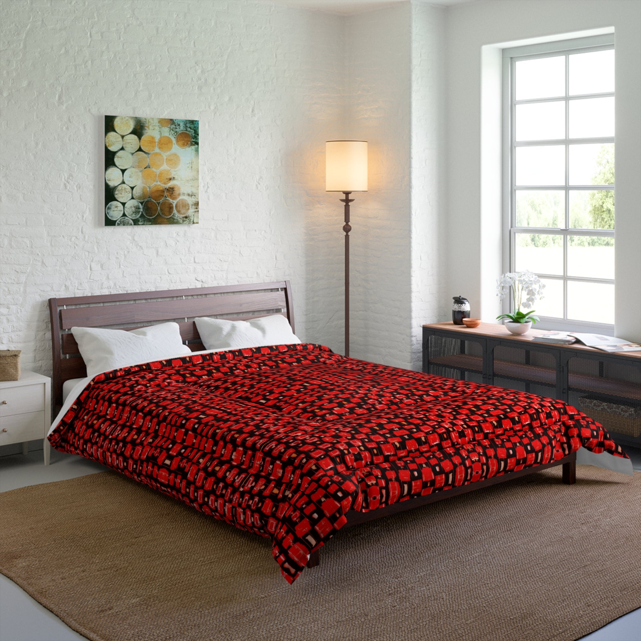 “Japanese Cherry Blossom” Red Mosaic Check Comforter — Modern Geometric Bedspread