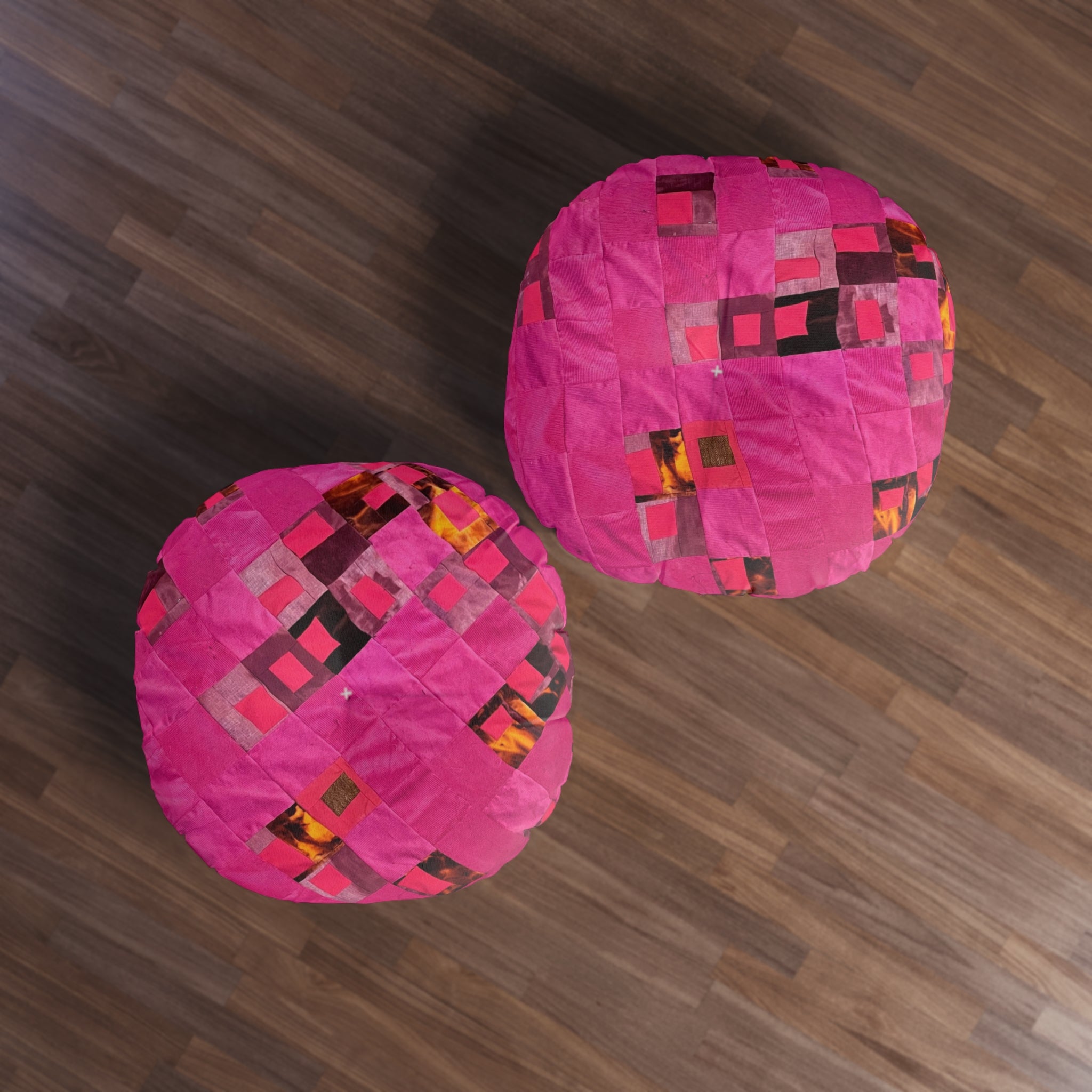 "Lela" Pink Geometric Tufted Floor Pillow — Round Patchwork Accent Cushion