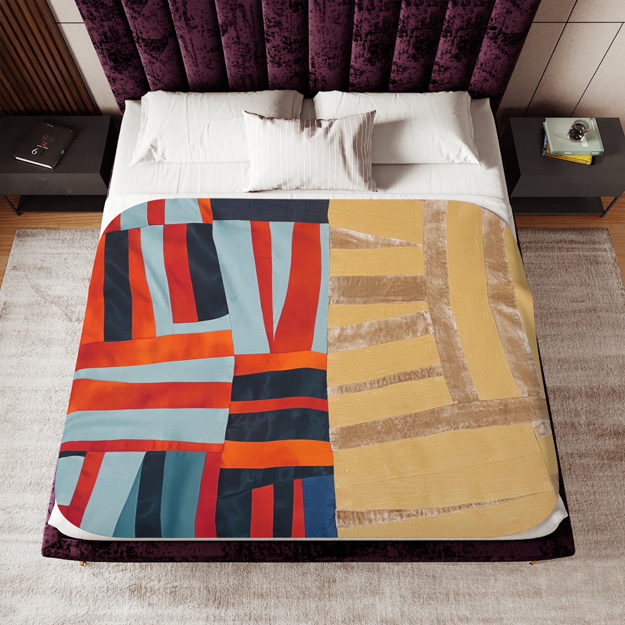 "Hannah and Samuel" Abstract Patchwork Sherpa Blanket - Summer Yellow, Crushed Velvet, Blue, Red Orange— Cozy Reversible Throw with Geometric Color Blocks
