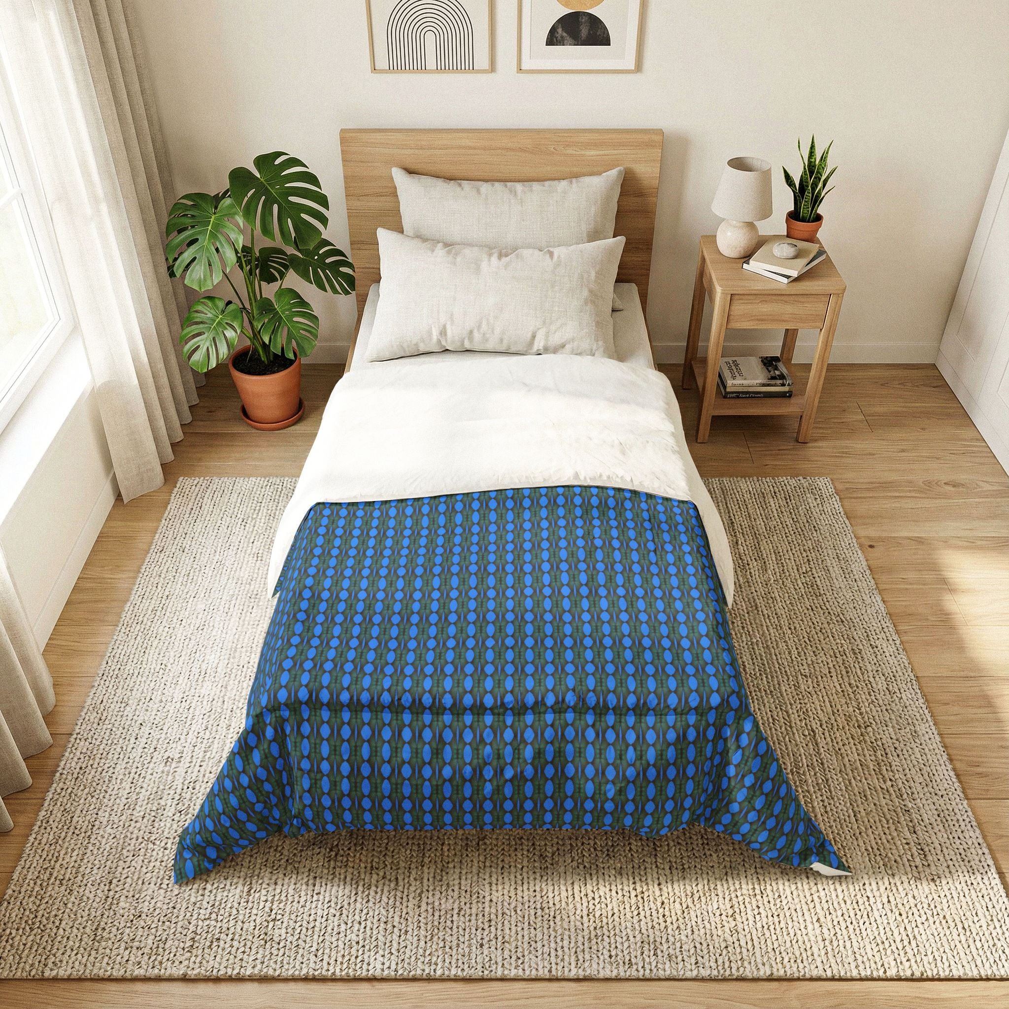 "Where Are We Going?" Blue Geometric Cotton Comforter – Modern Dot Pattern Bedspread