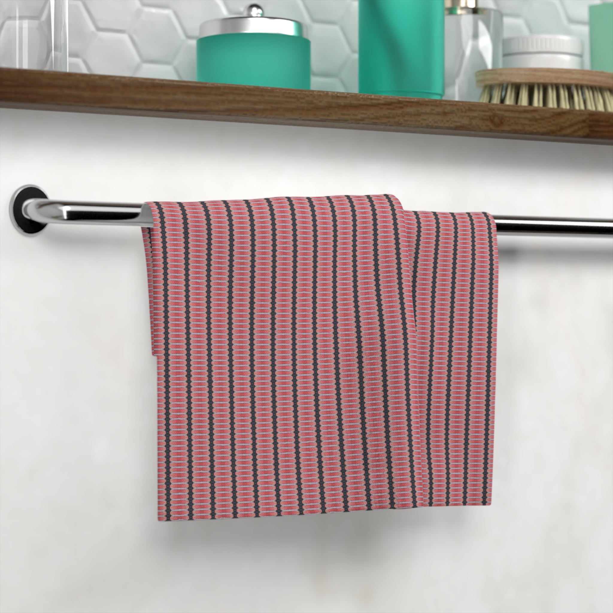 "The Nike of Samothrace" Striped Coral Face Towel — Retro Pink Geometric Pattern