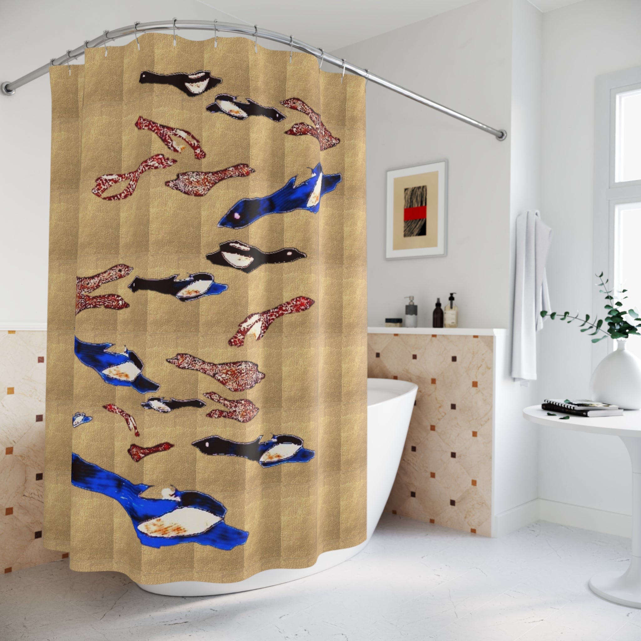 "Fly Me to the Moon" Gold Shower Curtain — Blue & Copper Nautical Bathroom Decor