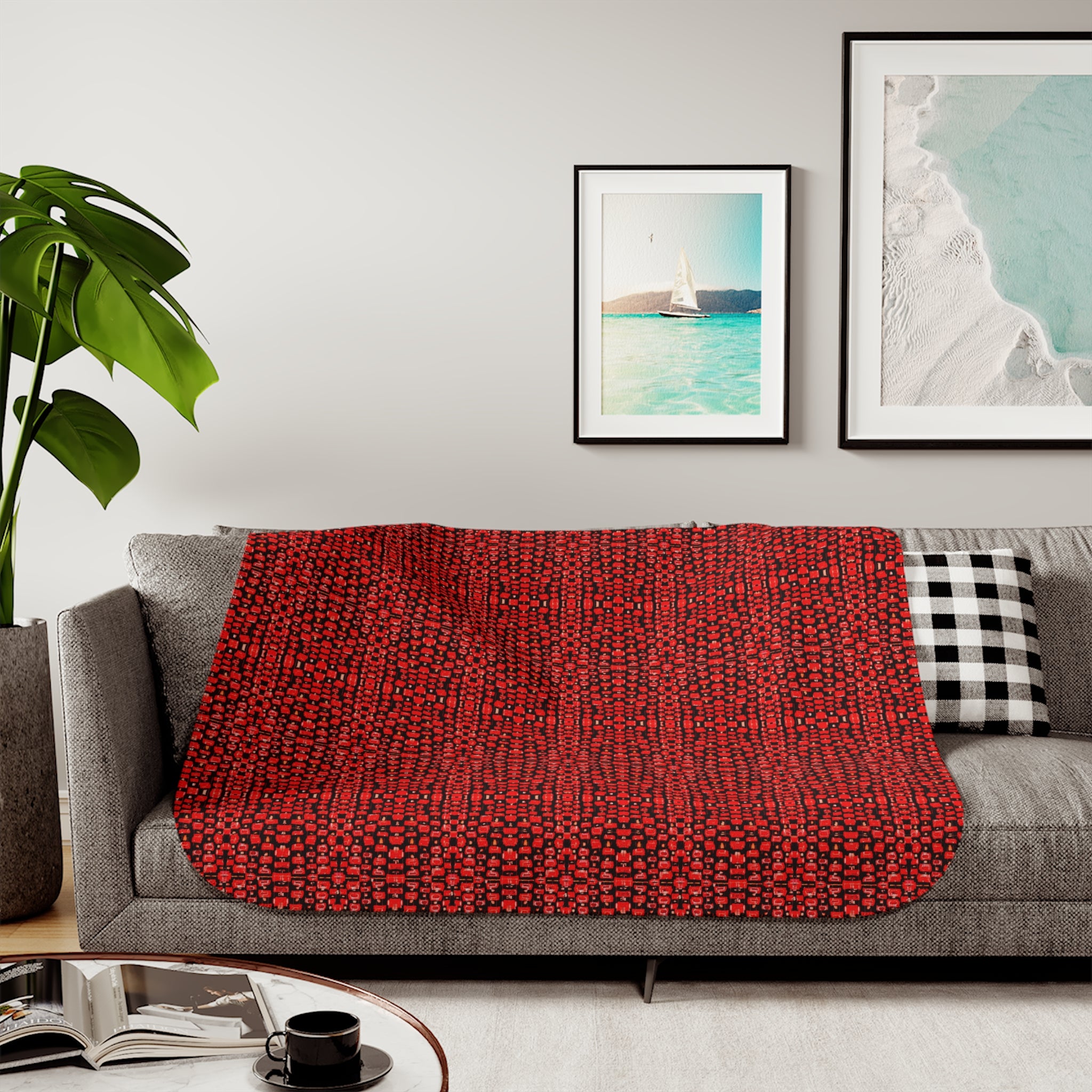 "Japanese Cherry Blossom" Cozy Red Knit Sherpa Blanket – Reversible Plush Throw for Home & Holiday Gifting