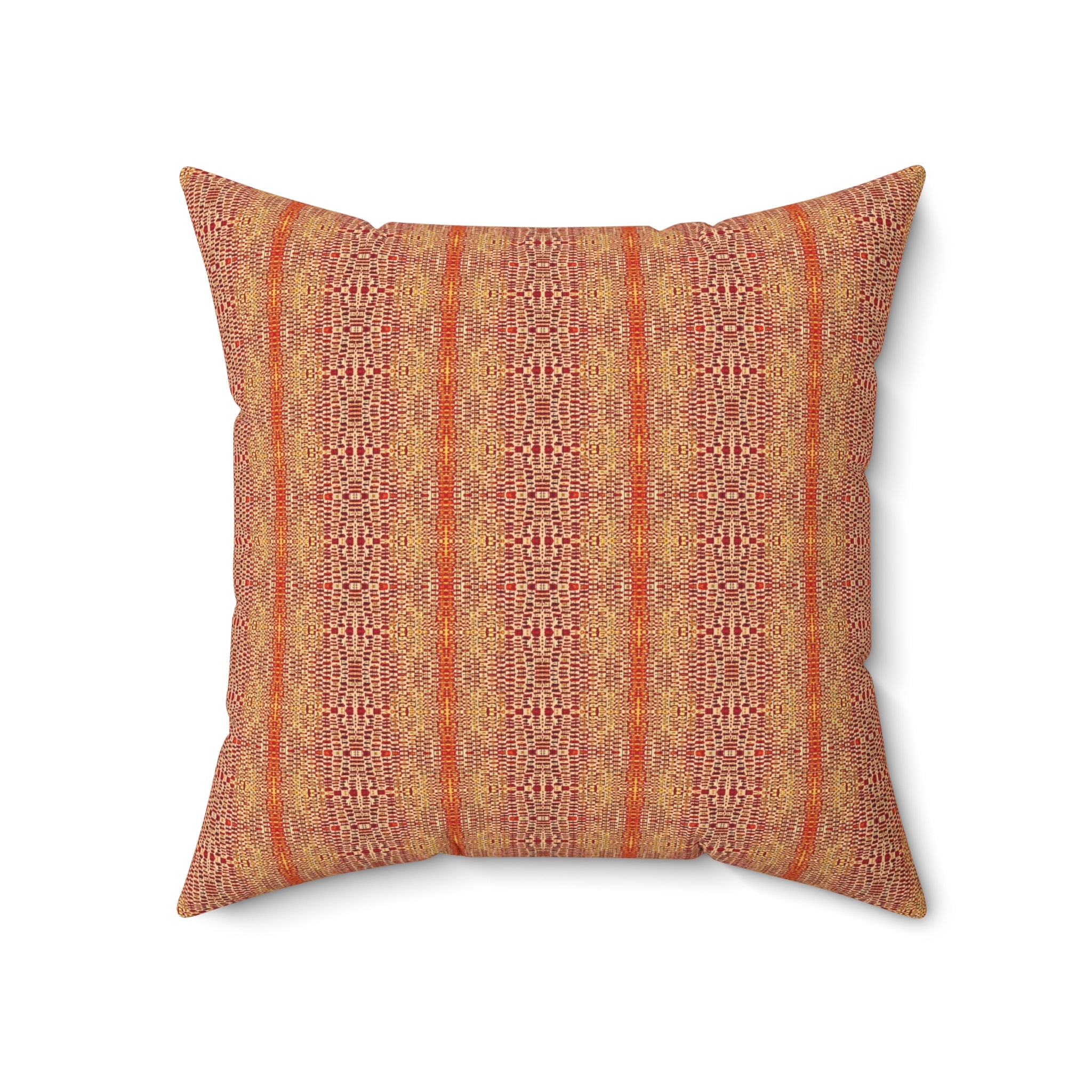 "Queen Mother" Boho Rust Orange and Gold Striped Decorative Pillow — Warm Tribal Pattern Square Cushion