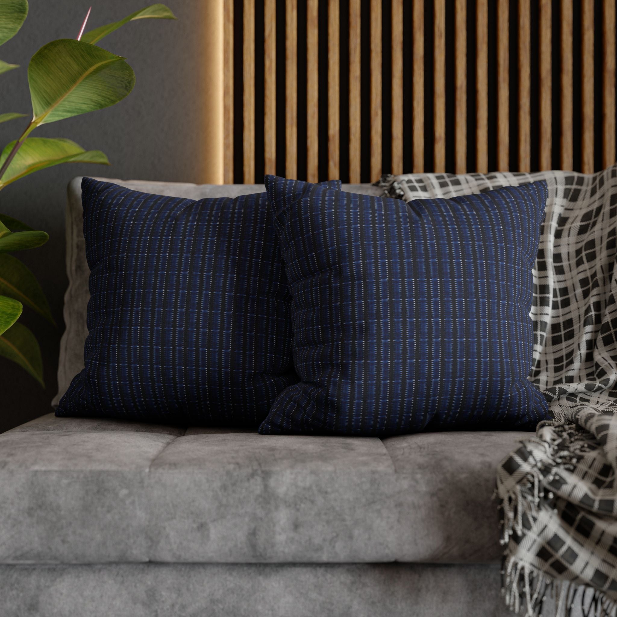 "Mississippi Midnight: Lovely Banjo Blues" Navy Blue and Black Plaid Square Pillowcase — Blue Check Decorative Throw Pillow Cover