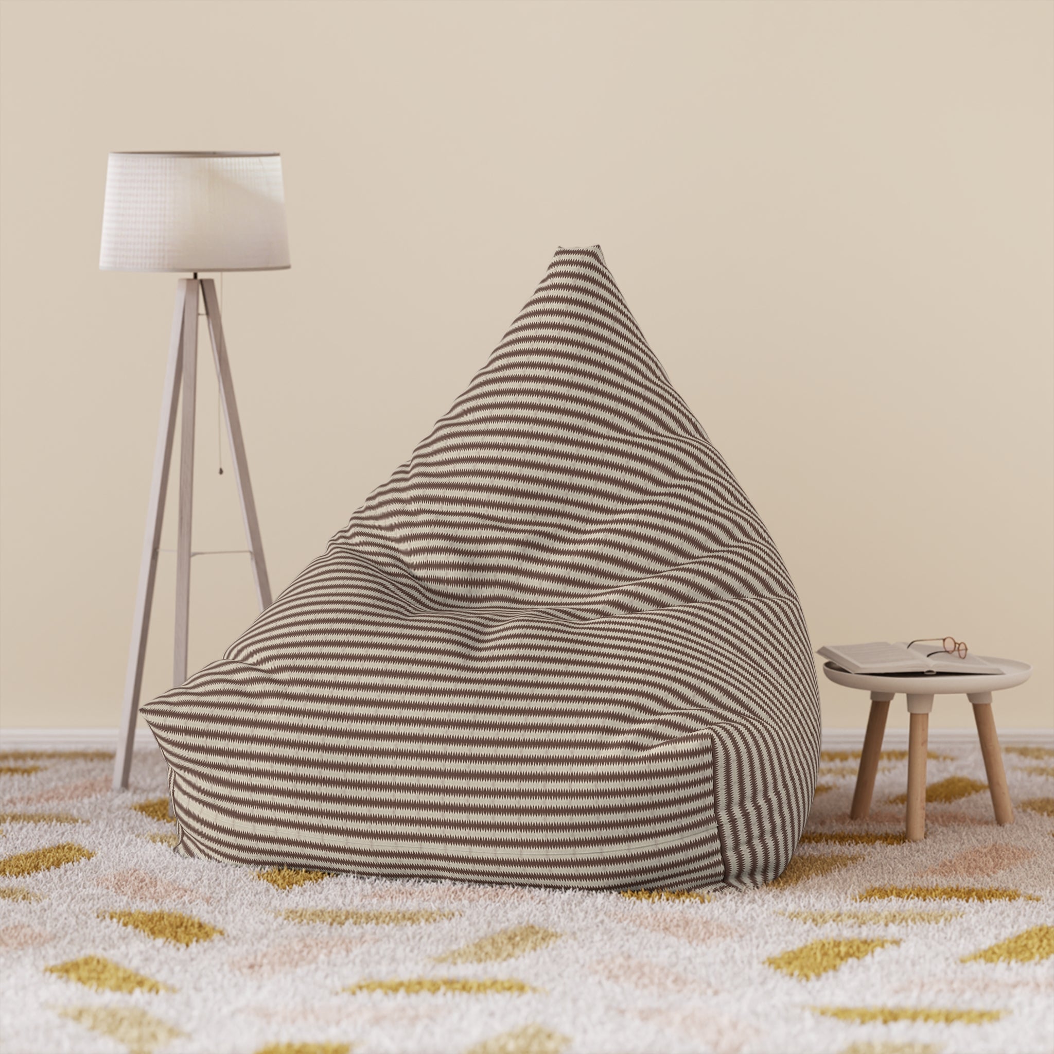 "Mississippi Morning" Burnt Umber Brown, Beige, Zig Zags, Striped Taupe Bean Bag Chair Cover — Modern Cozy Living Room Accent