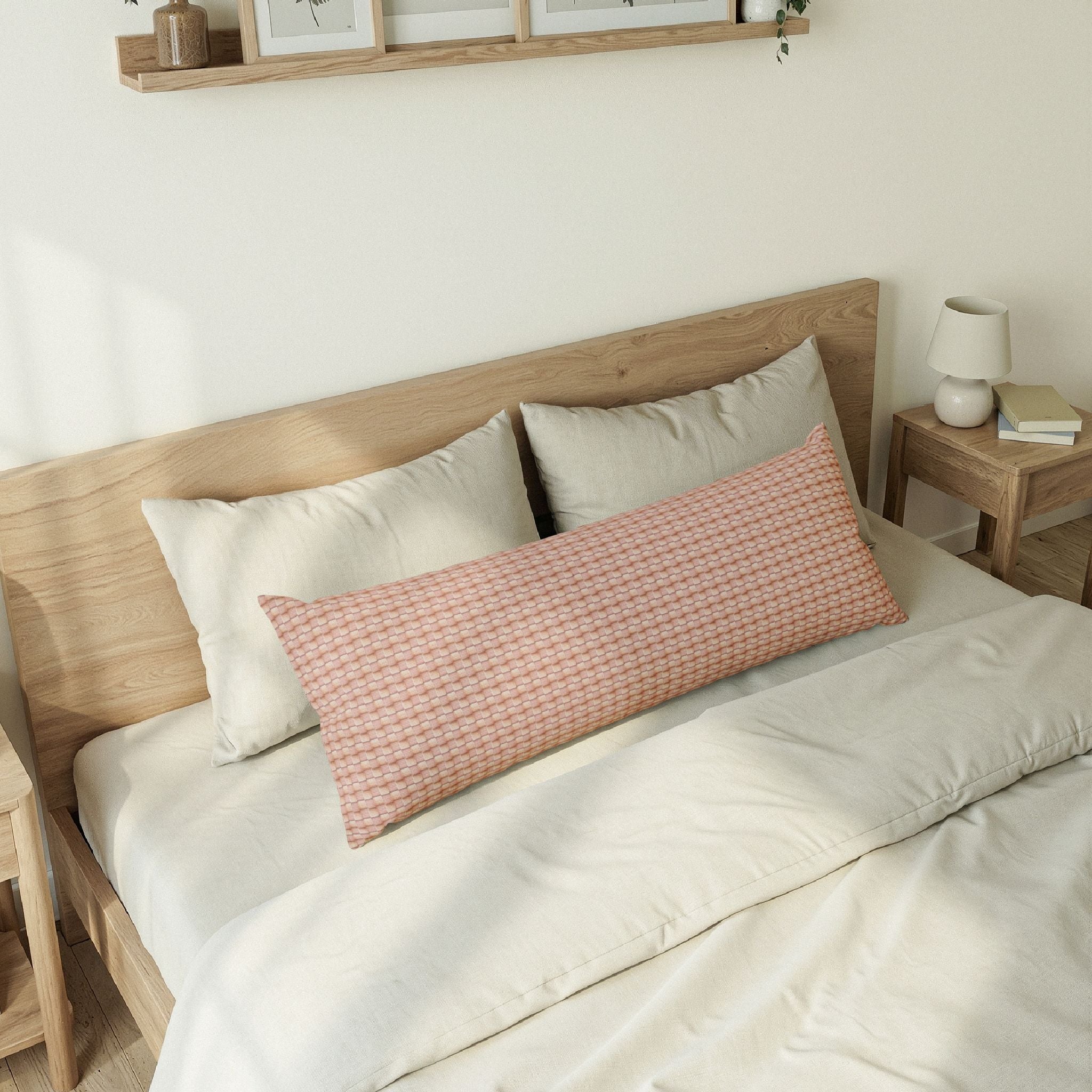 "Grandma Rose" Woven Pink Blush Body Pillow — Pink Geometric Square Pattern Lumbar Pillow