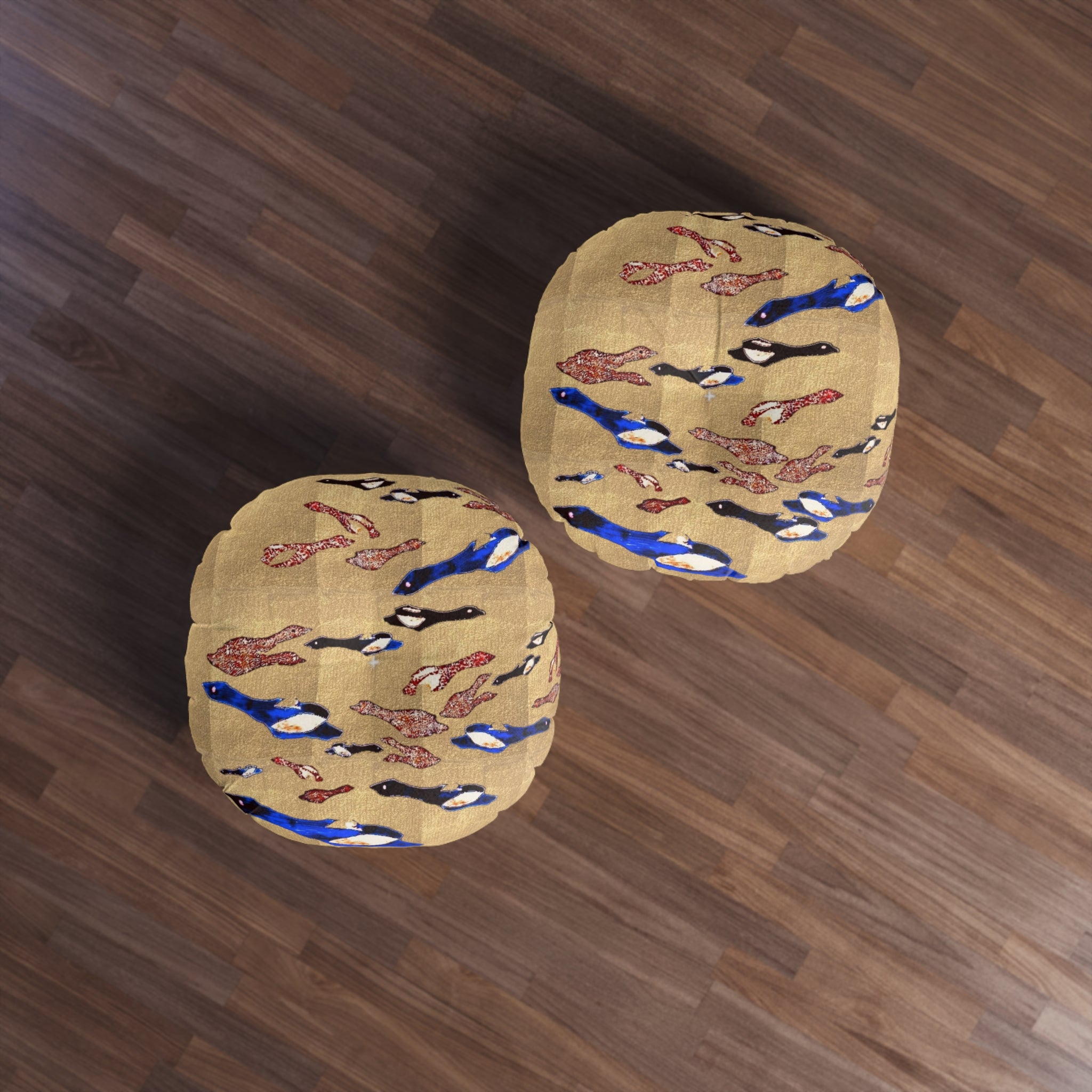 "Fly Me to the Moon" Gold and Bronze Round Tufted Floor Pillow — Coastal Blue & Coral Birdie Tapestry Pattern