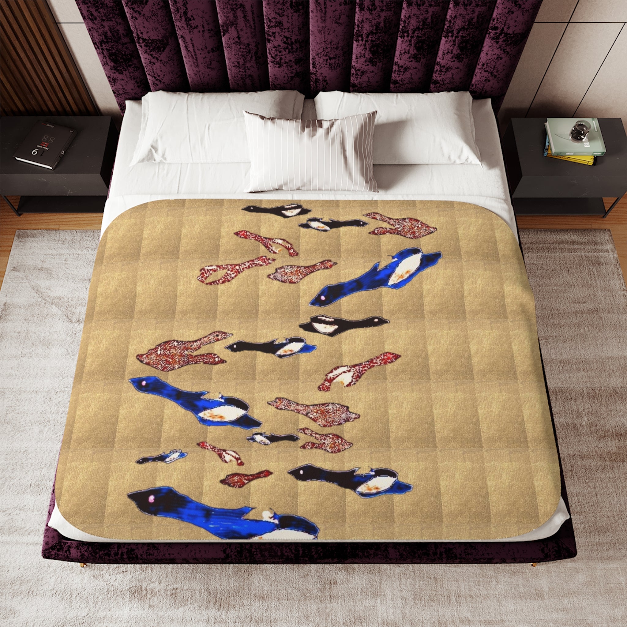 "Fly Me to the Moon" Magpie Flock Sherpa Blanket — Cozy Beige Throw with Blue Bird Motif