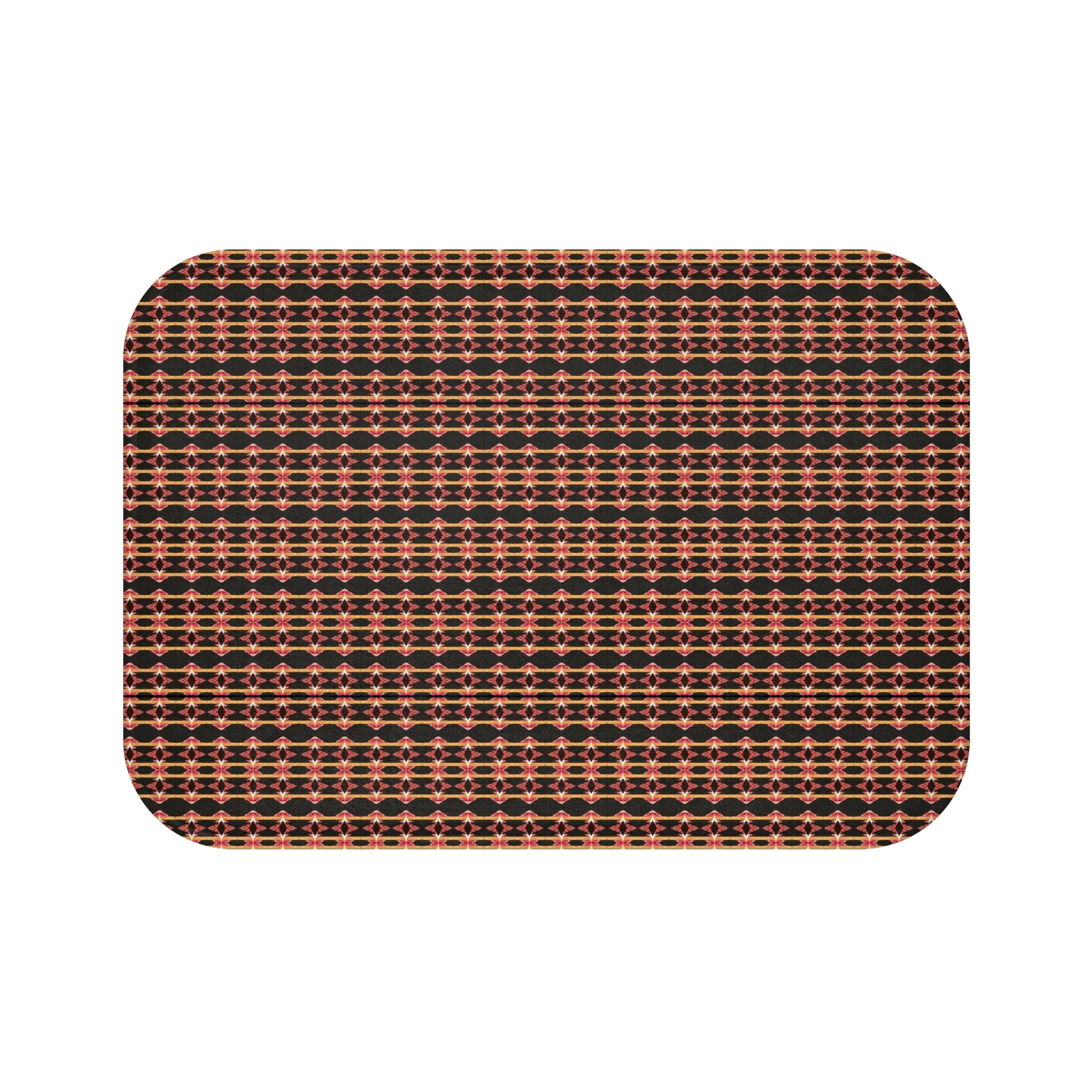 "Native America Now" Geometric Starburst Bath Mat — Retro Red & Gold Patterned Bathroom Rug