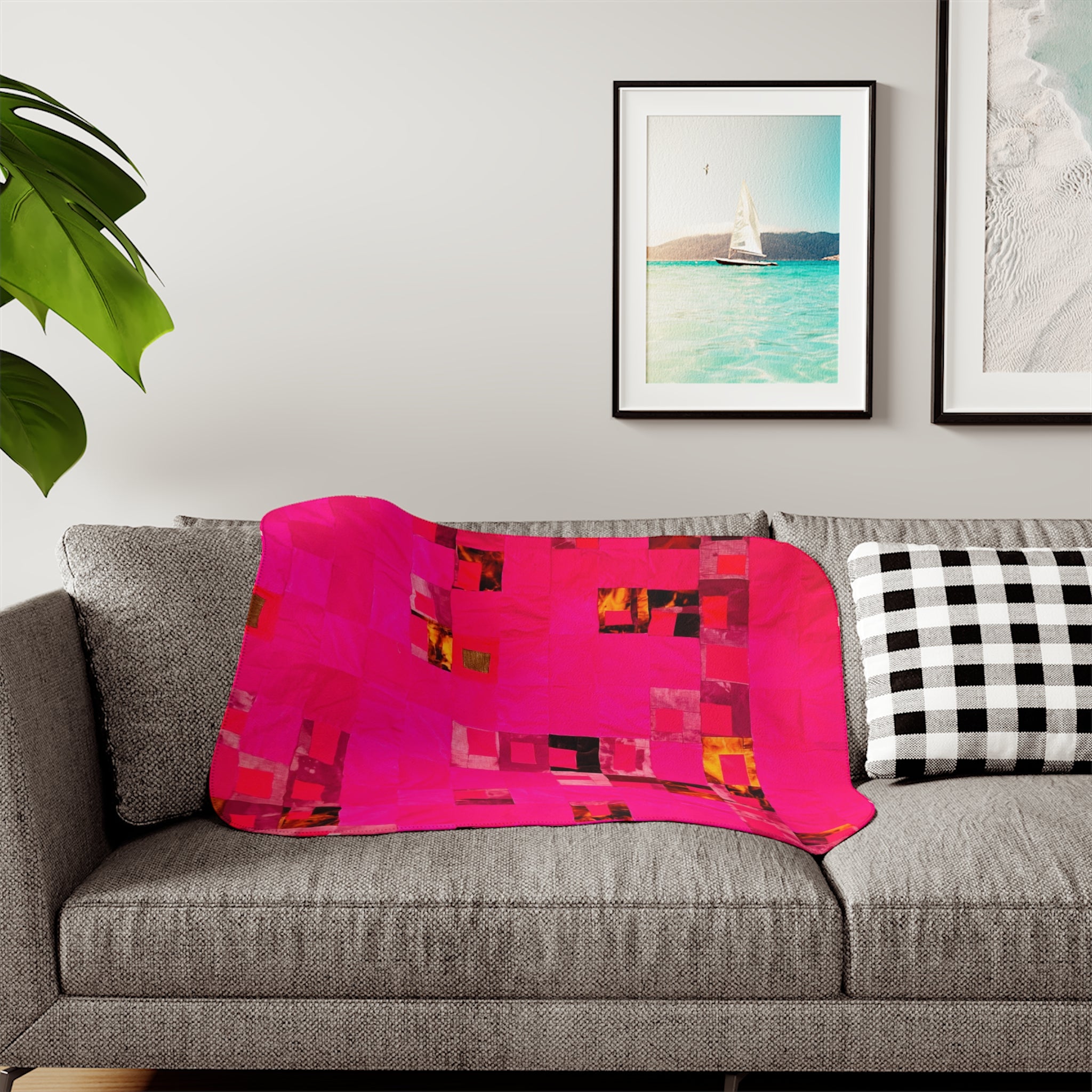 "Lela Lela" Hot Pink Abstract Patchwork Sherpa Blanket - Cozy Throw for Living Room & Gifts