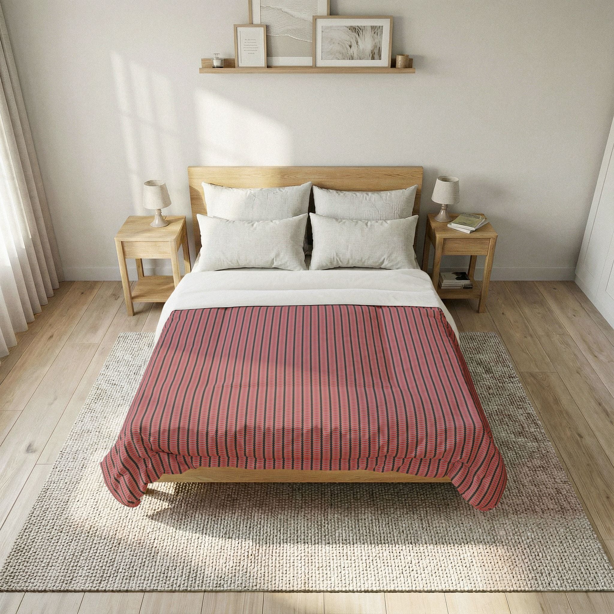 "The Nike of Samothrace" Striped Cotton Comforter — Rose & Charcoal Minimalist Bedding