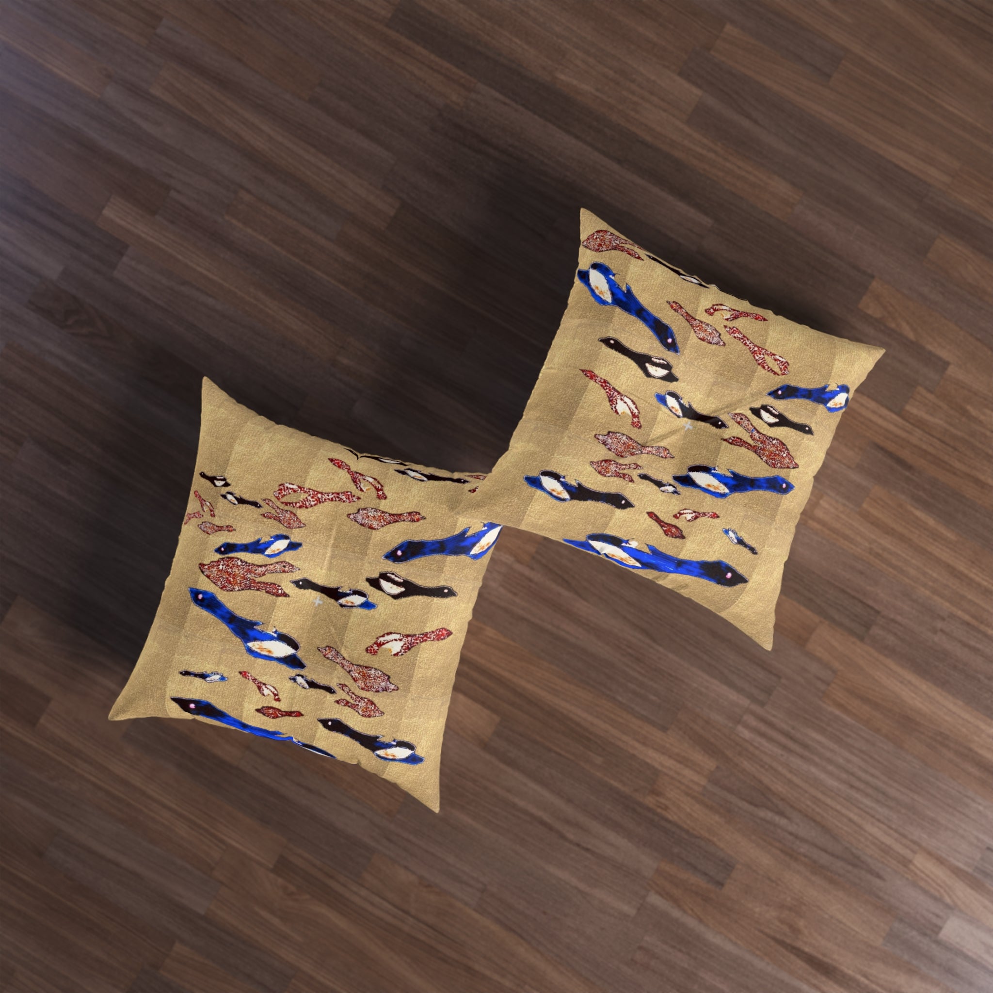 "Fly Me to the Moon" Bronze and Gold, Floor Pillow — Blue & Black Flying Birdies Pattern Tufted Square Cushion