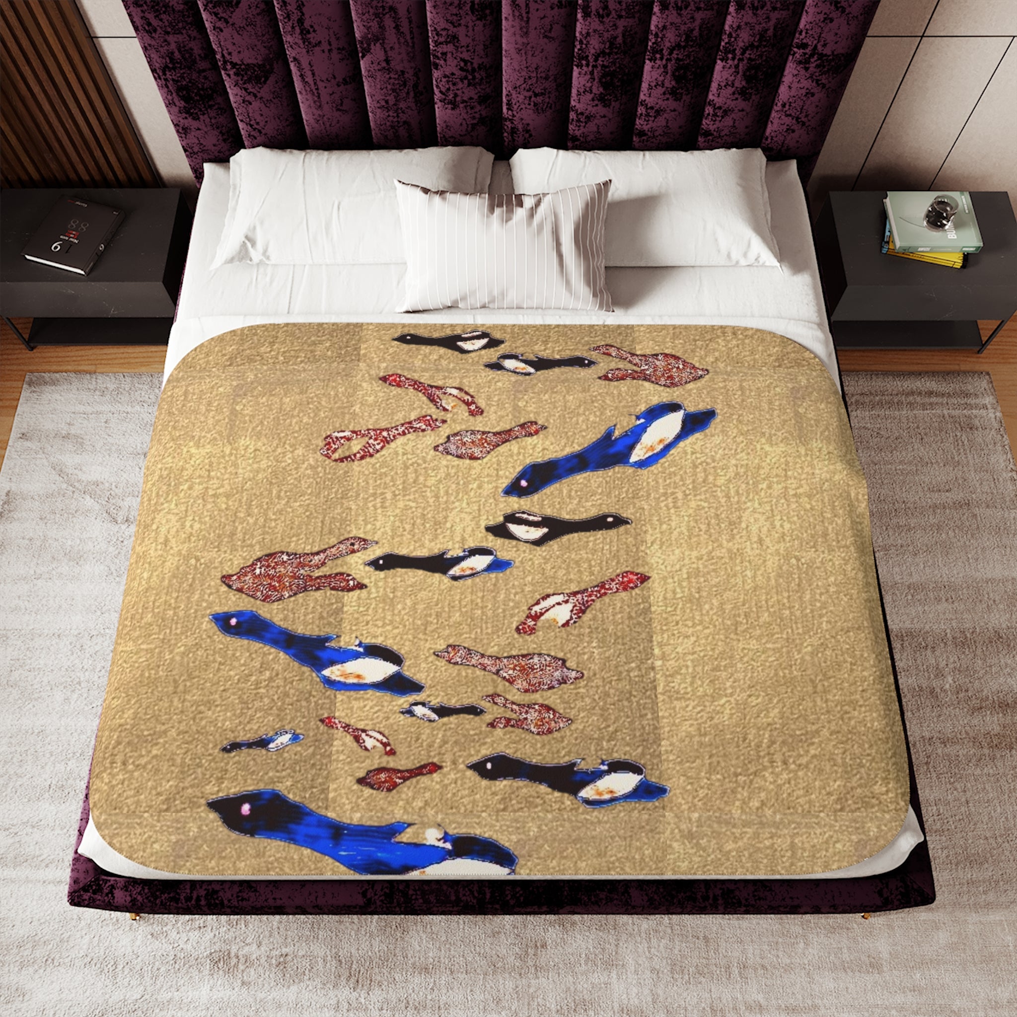 "Fly Me to the Moon" Magpie Flock Sherpa Blanket — Cozy Beige Throw with Blue Bird Motif