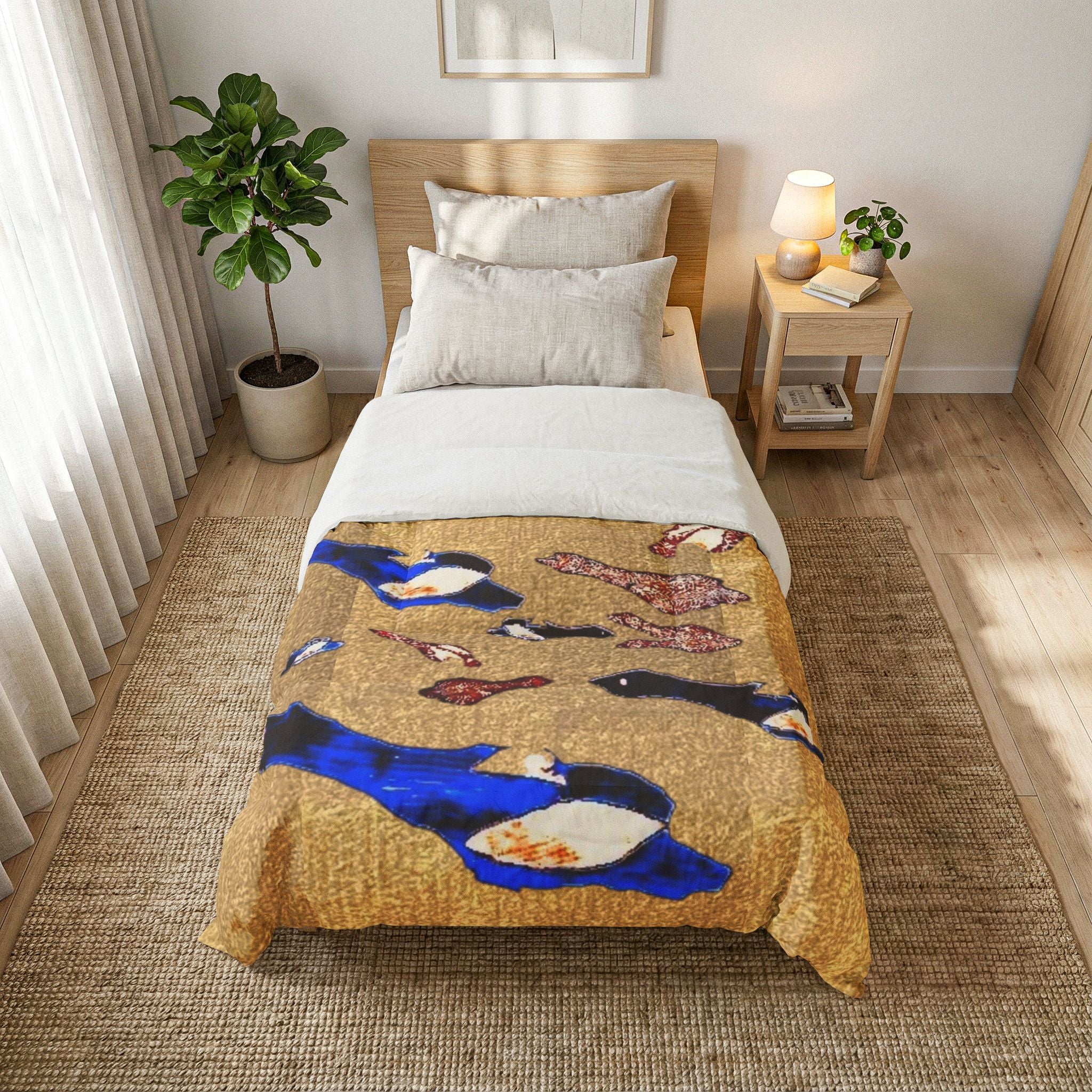 "Fly Me to the Moon" Bird Flock Cotton Comforter – Vintage Gold Blue Waterfowl Throw