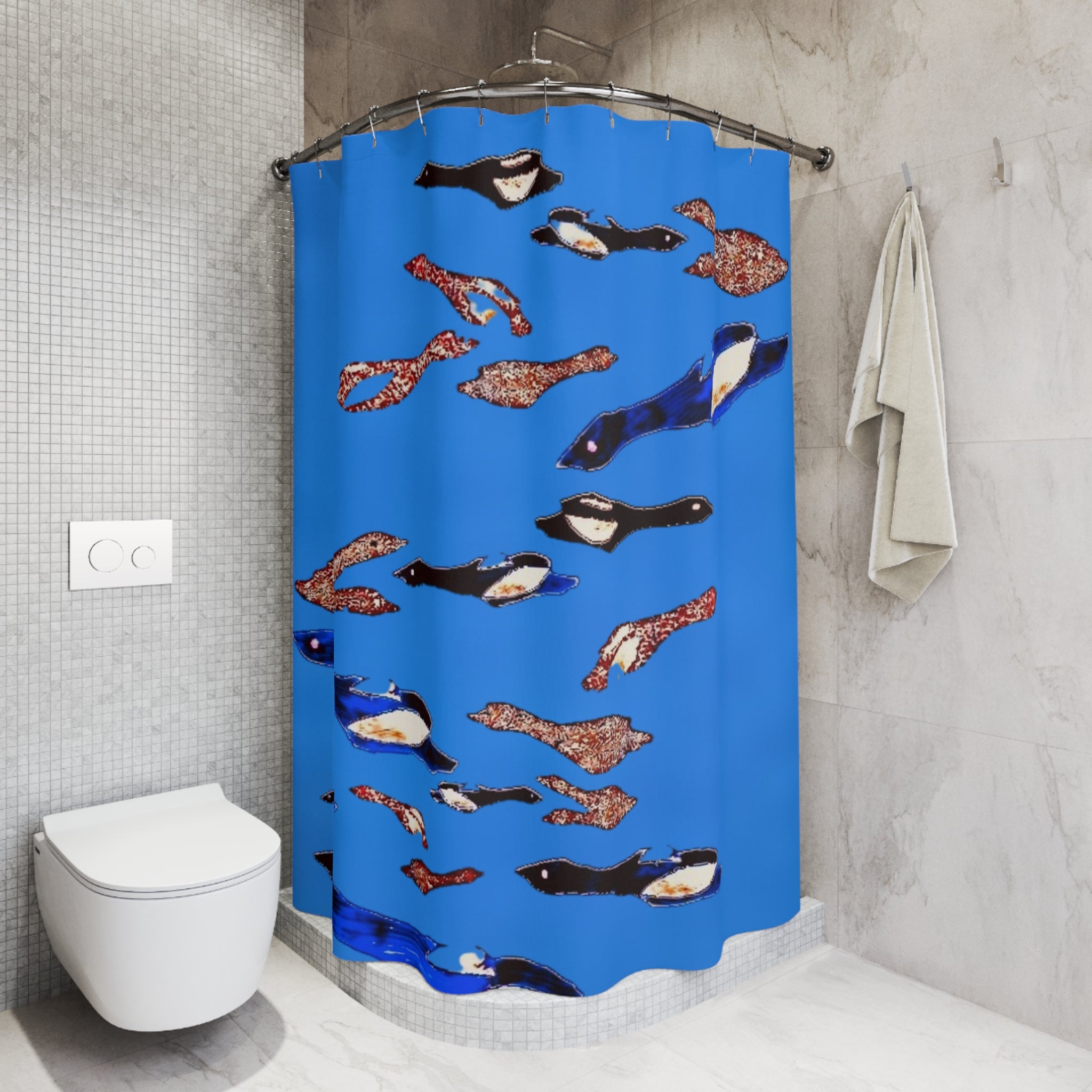 "Fly Me to the Moon" Ocean Penguin Shower Curtain - Blue School of Penguins Bathroom Decor