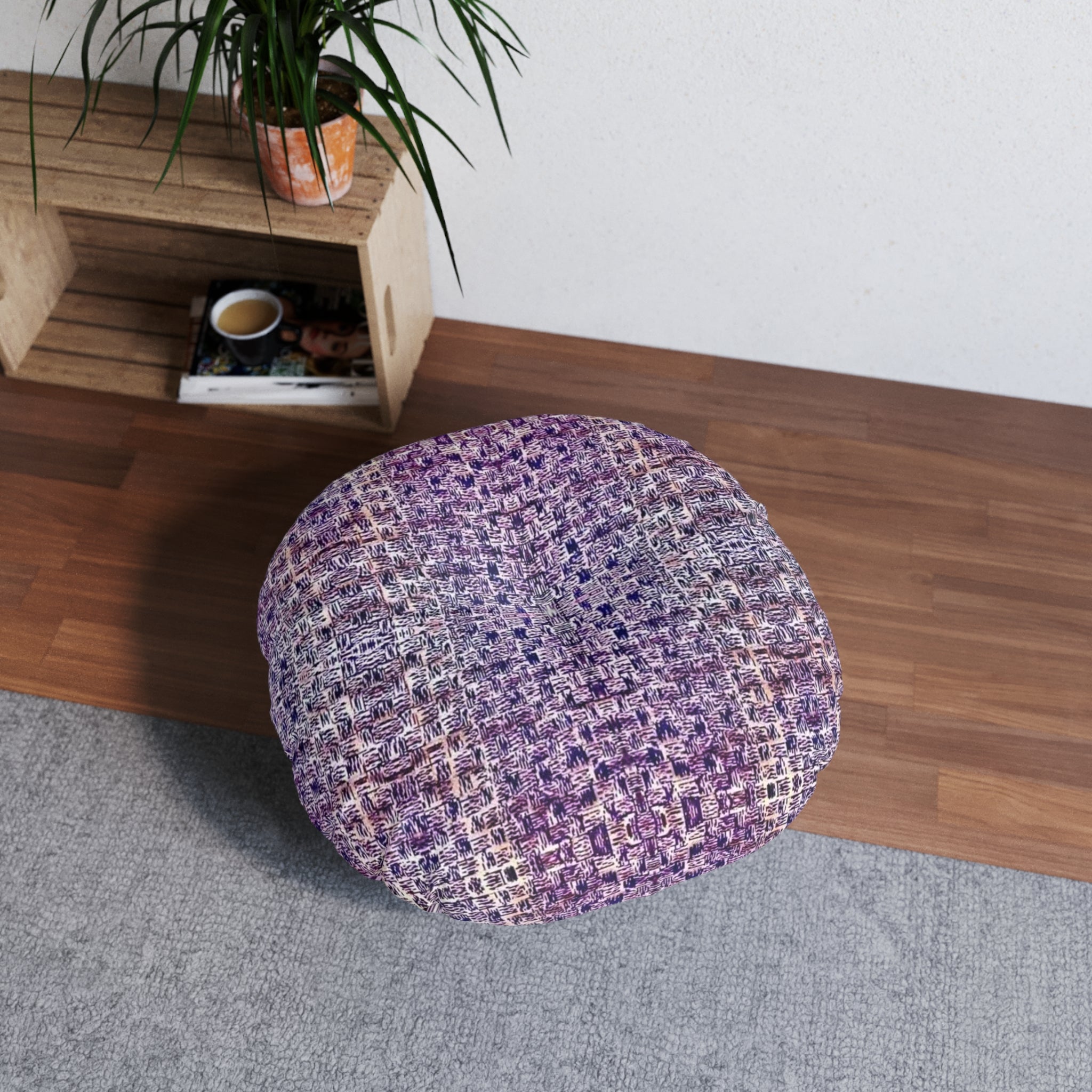 "Pauline, My Love" Round Tufted Floor Pillow — Purple Woven Boho Accent Cushion