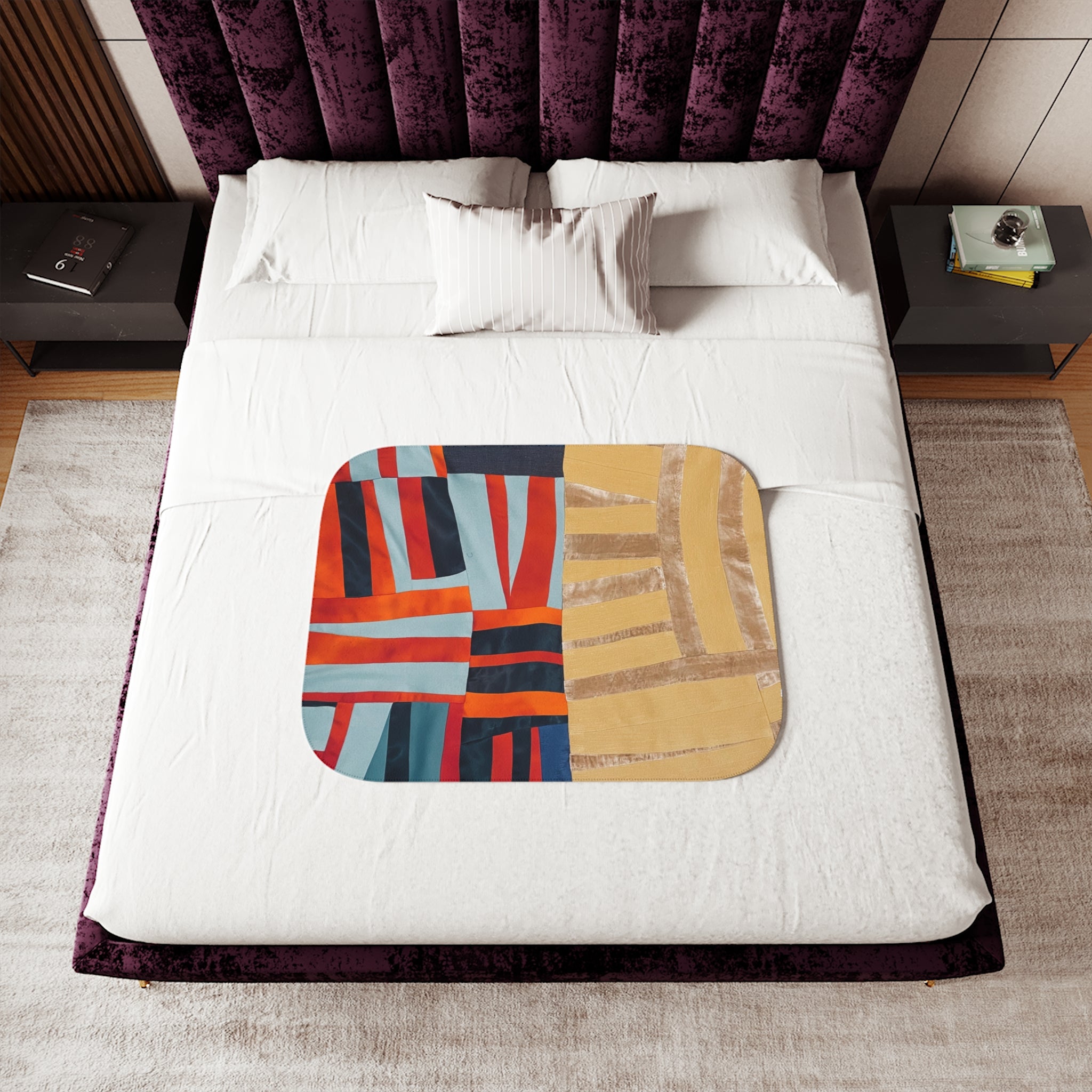 "Hannah and Samuel" Abstract Patchwork Sherpa Blanket - Summer Yellow, Crushed Velvet, Blue, Red Orange— Cozy Reversible Throw with Geometric Color Blocks