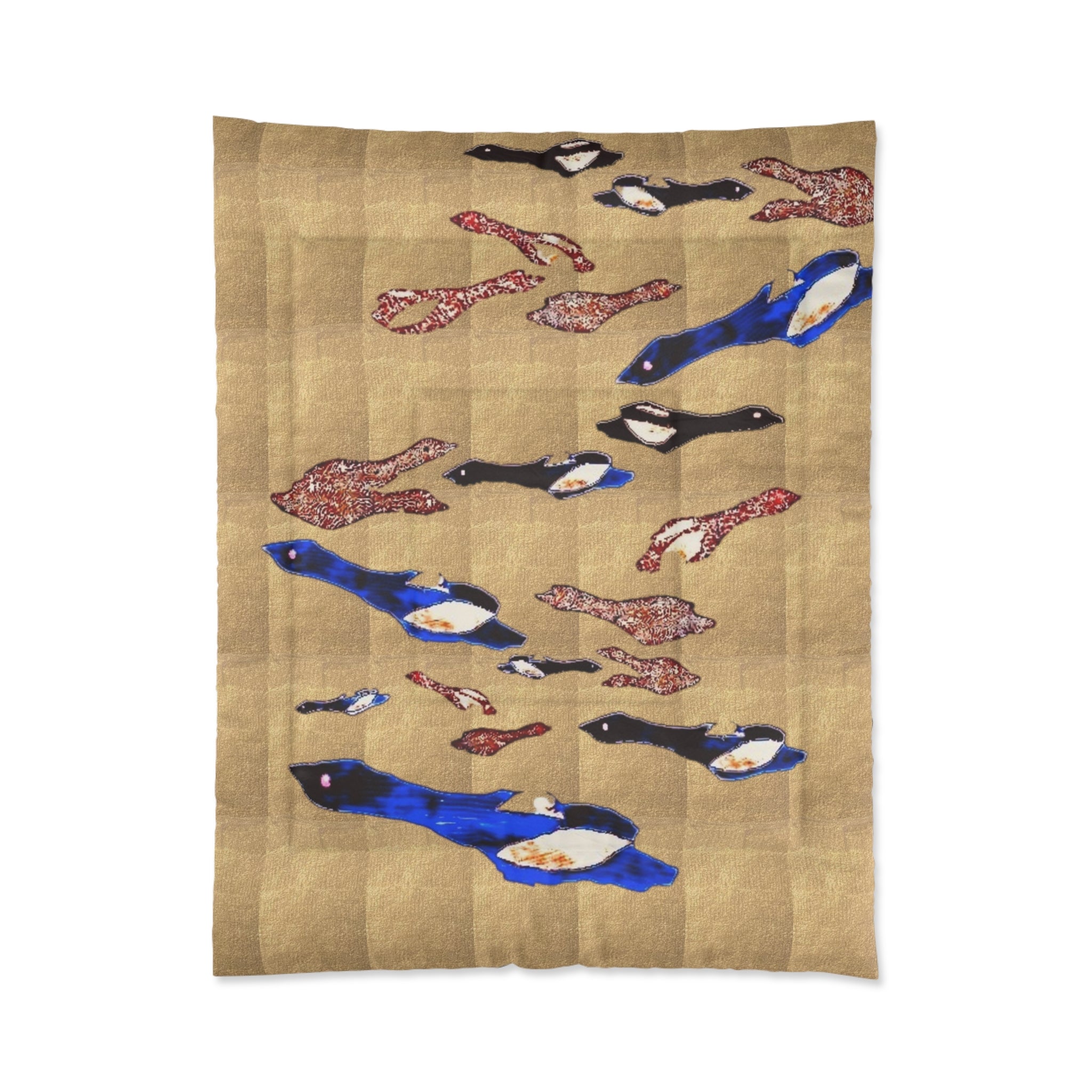 "Fly Me to the Moon" Bird Comforter – Beige Asian-Inspired Bedspread with Blue & Red Carp Pattern