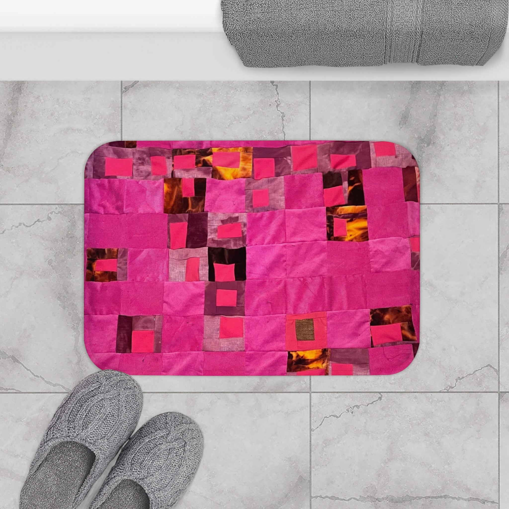 "Lela" Pink Geo Patchwork Bath Mat — Plush Non-Slip Bathroom Rug