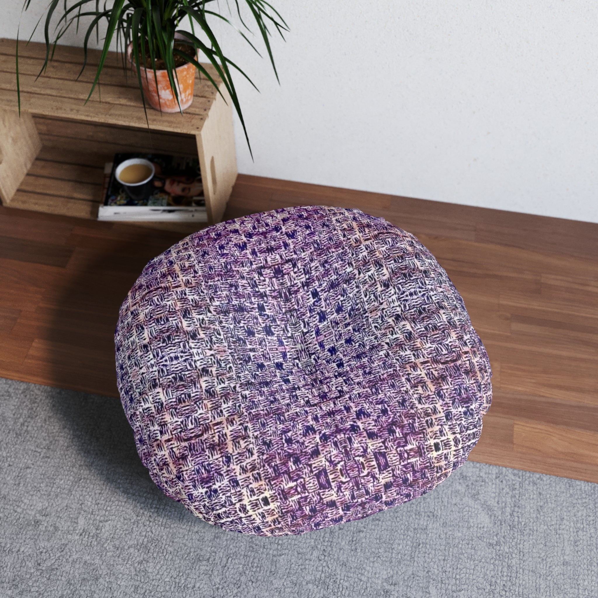 "Pauline, My Love" Round Tufted Floor Pillow — Purple Woven Boho Accent Cushion