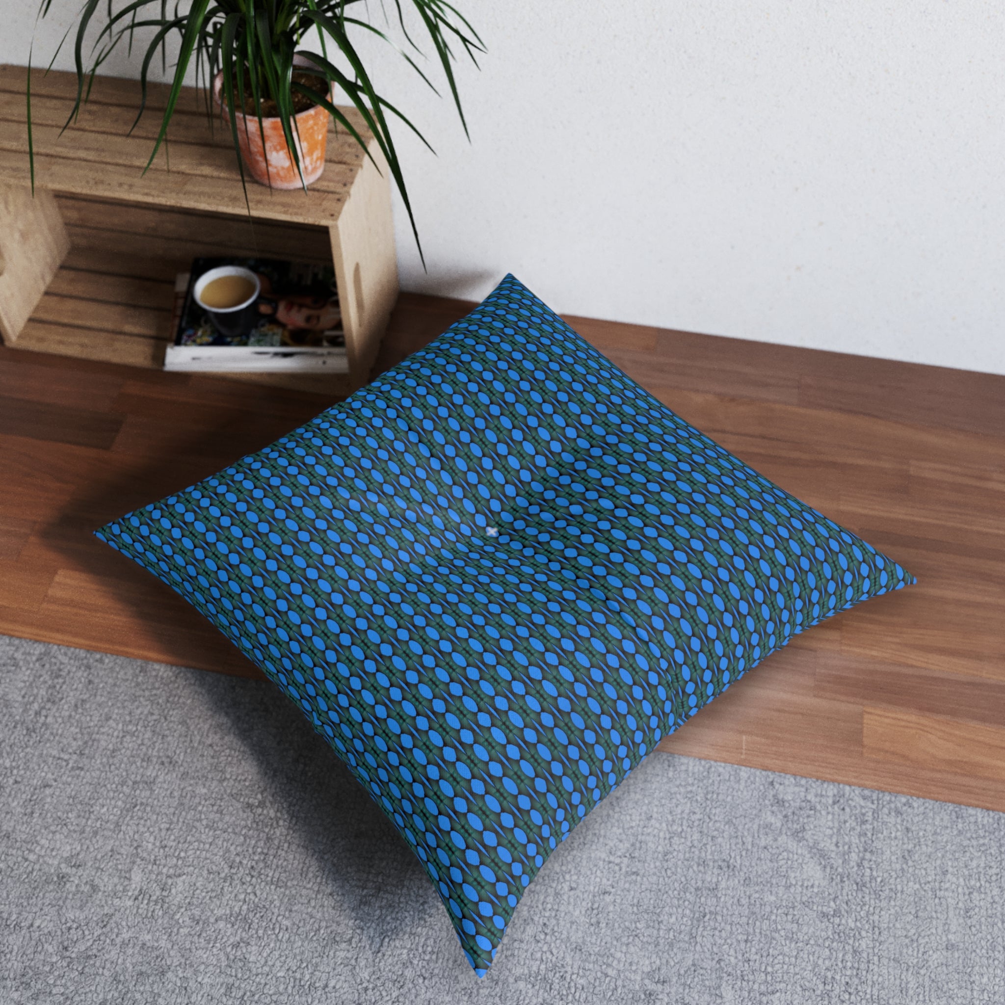 "Where Are We Going?" Blue Geometric Tufted Floor Pillow — Modern Square Accent Cushion